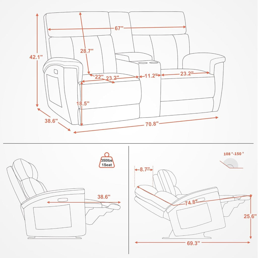 Mocha Power Recliner Loveseat With Massaging For Living Room Comfort-2