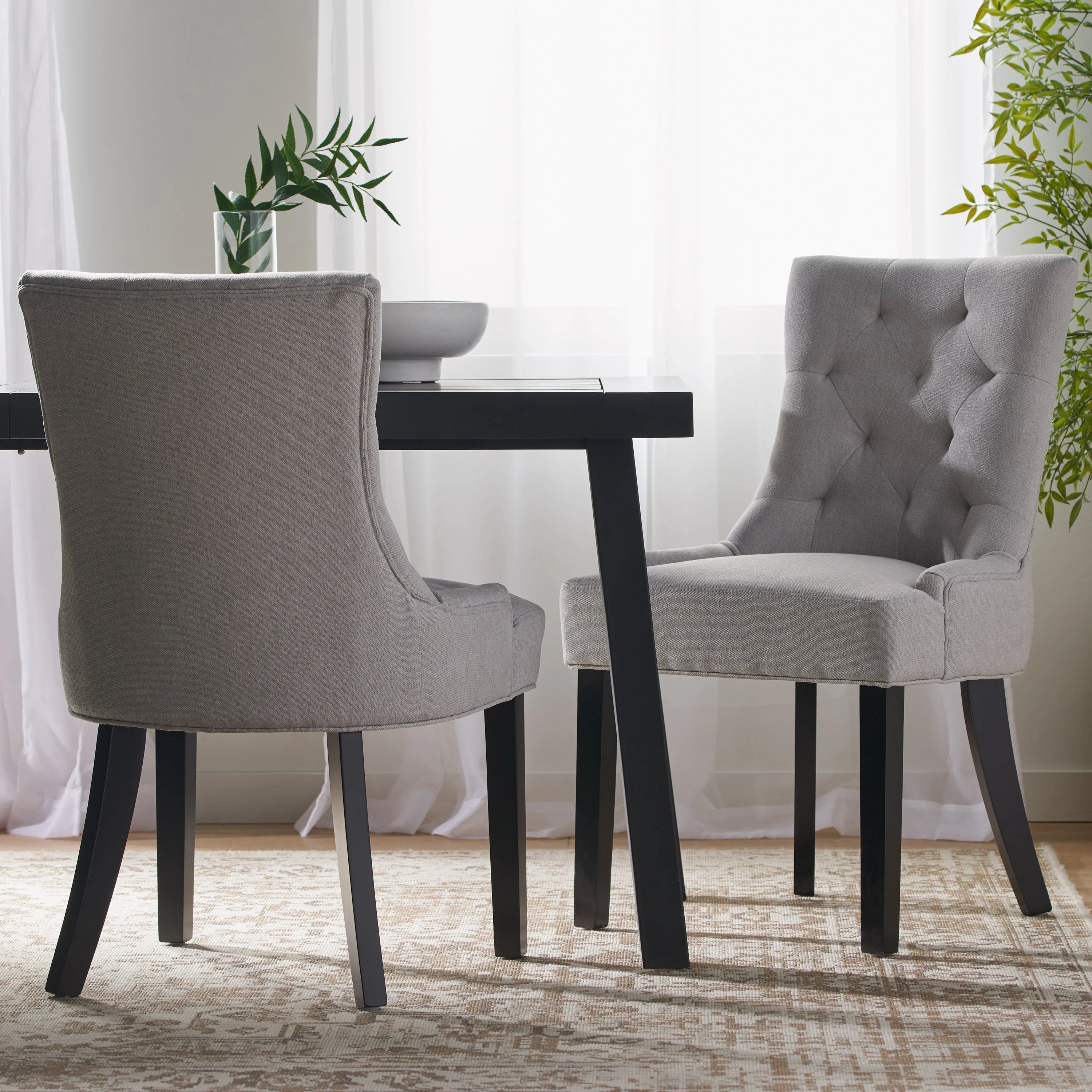 Quenching Dining Chair with Sloped Arms and Diamond Tufting, Set of 2, Light Grey