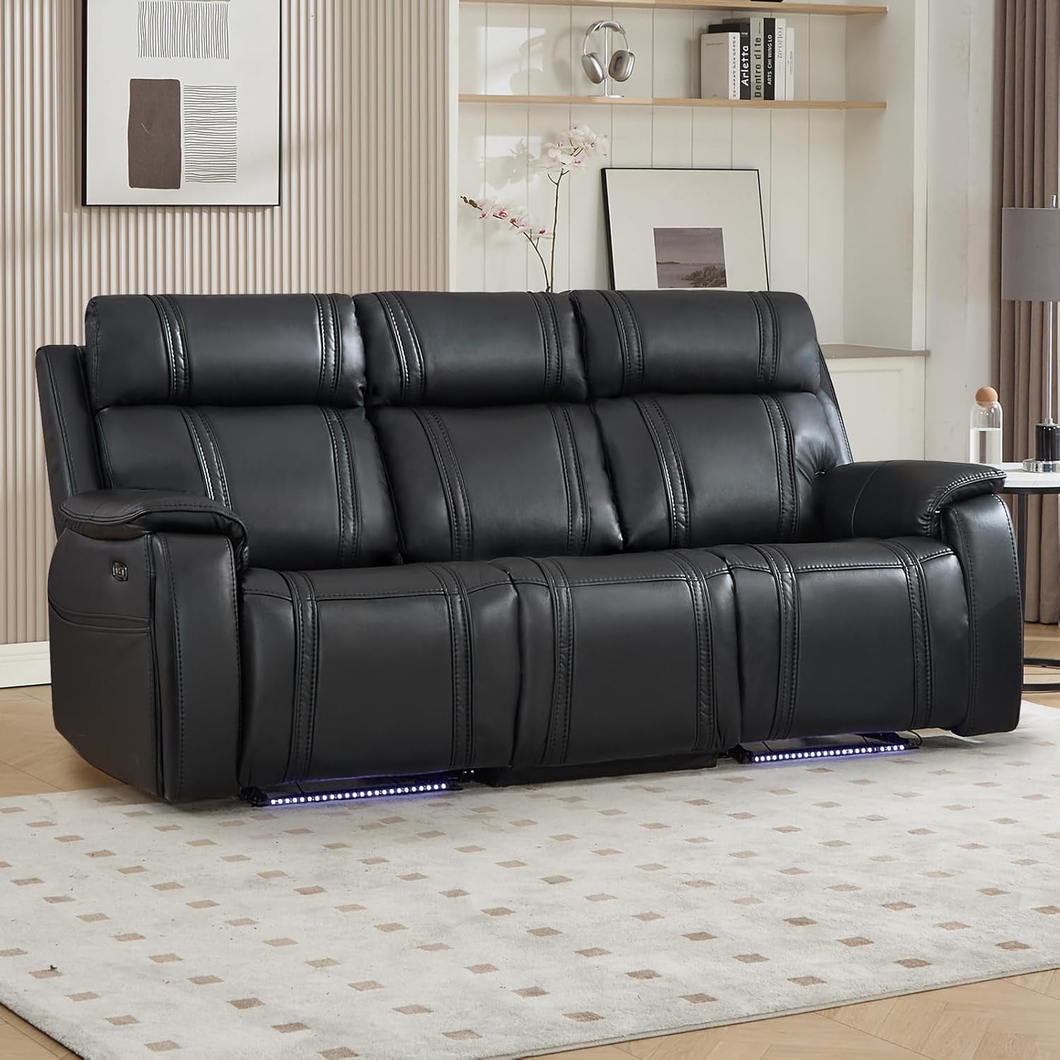 Black Leather Ambient Lighting Power Recliner Sofa-0