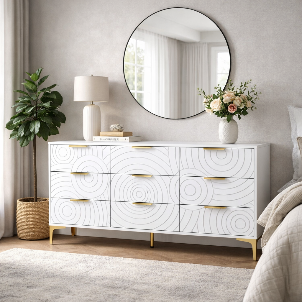 9 Drawer Dresser, Modern Wooden Dresser Chest of Drawers with Metal Handles, Large Storage TV Stand for Bedroom, Living Room, Hallway, Closet Organizer (White)