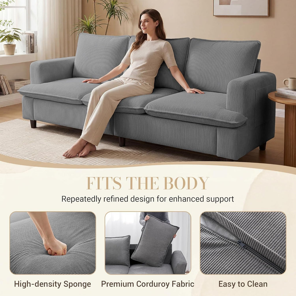 83 Inches Corduroy Fabric Upholstery 3 Seater Deep Seat Sofa-2