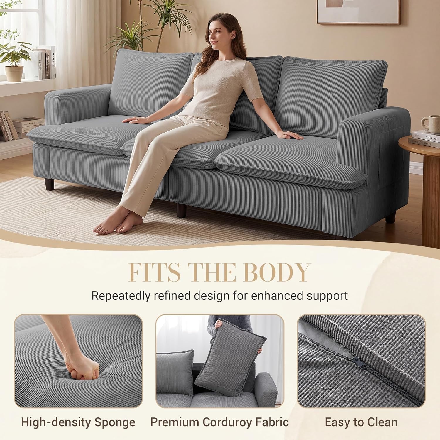 83 Inches Corduroy Fabric Upholstery 3 Seater Deep Seat Sofa-2