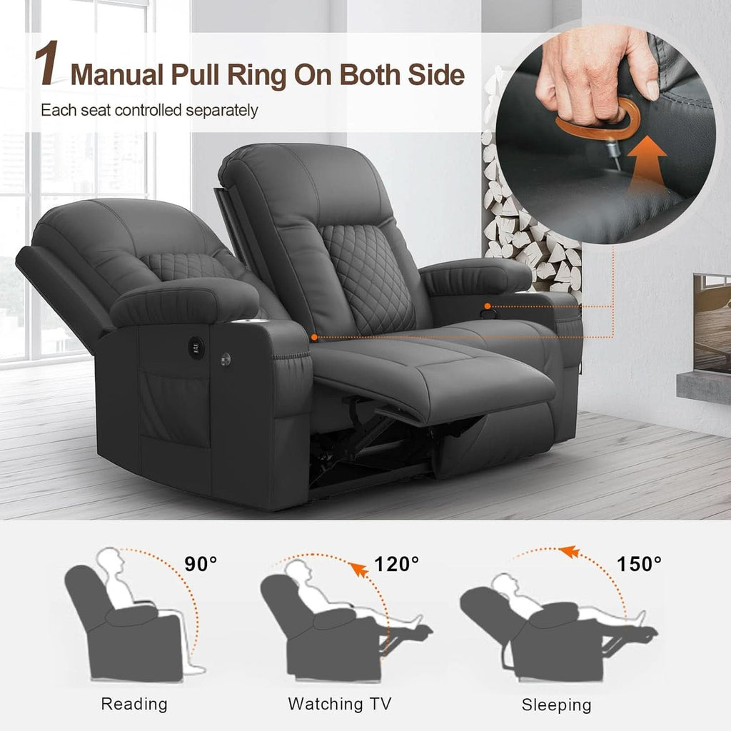 Gray PU Leather Two Seater Recliner Loveseat With USB Ports-3