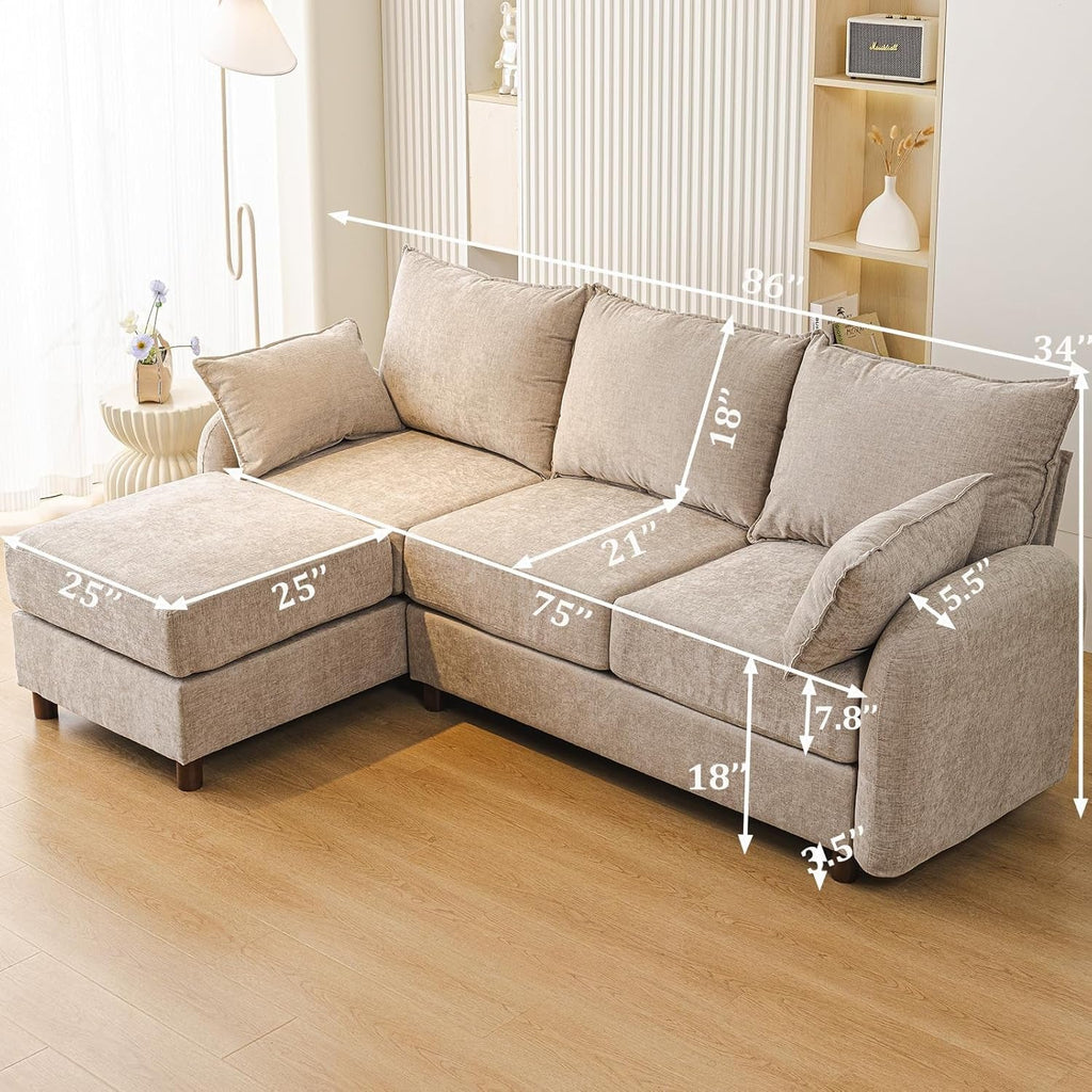 Eighty SixInch Length L Shaped Elegant Sectional Sofa Khaki-1