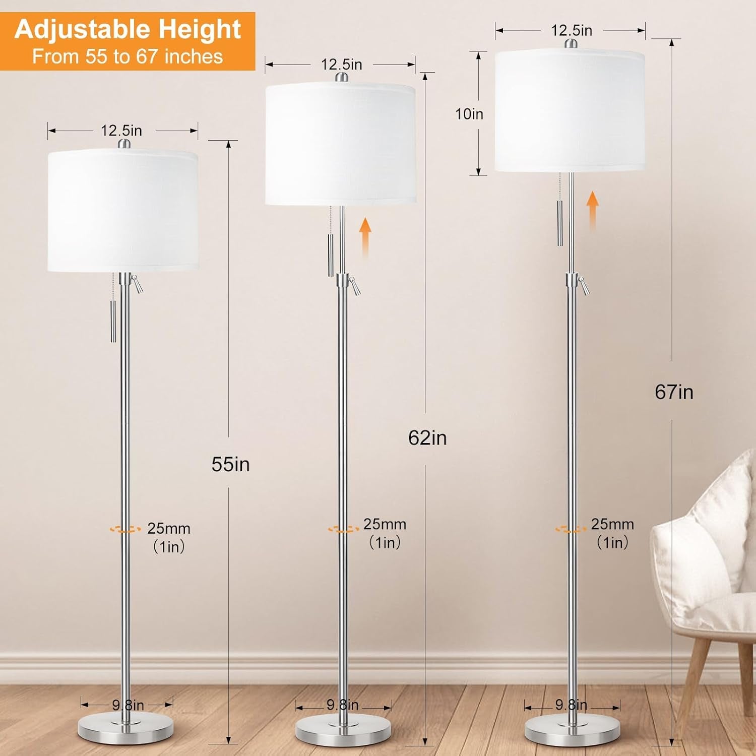 Brushed Nickel Height Adjustable Floor Lamp Dimmable