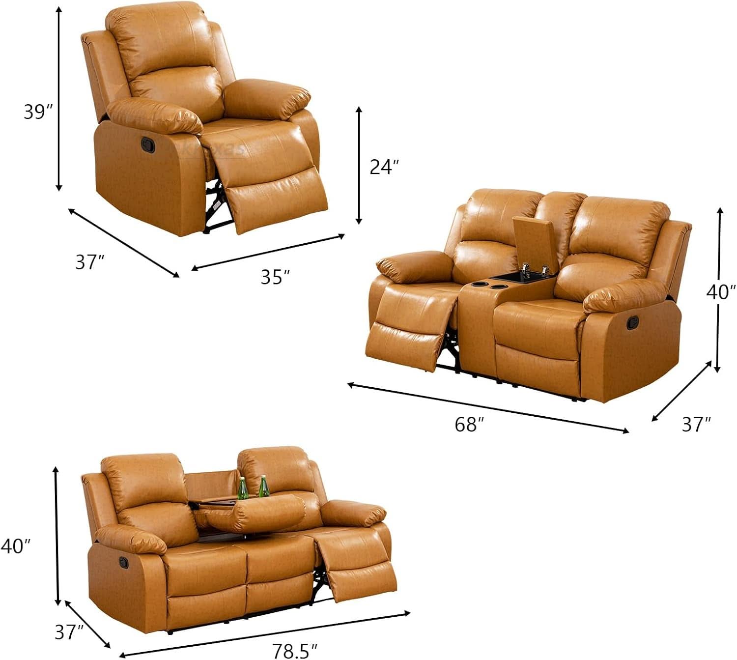 Manual Recliner Sofa Set Ginger Vegan Leather Cupholders-1