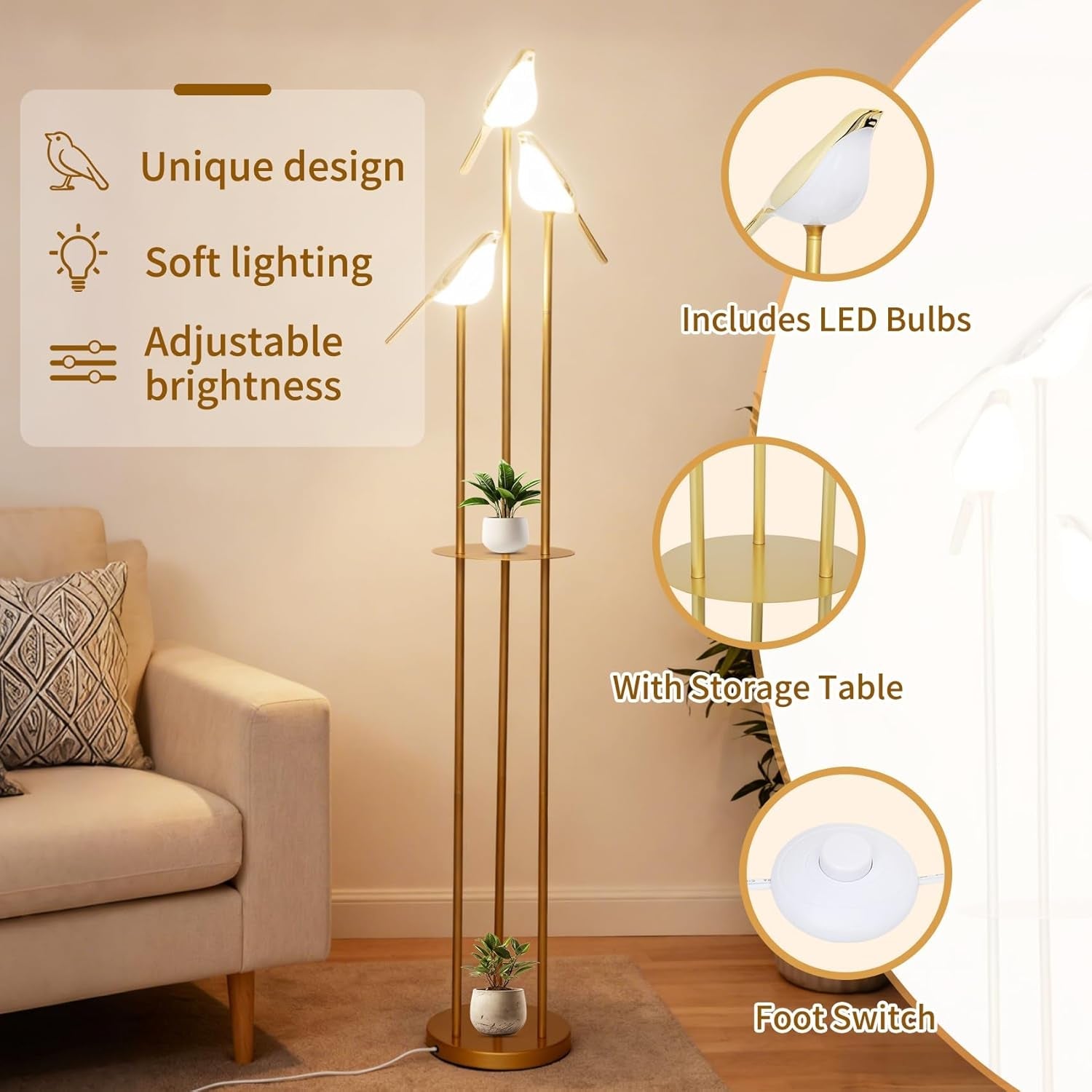 Gold Floor Lamp With Adjustable Brightness Shelving