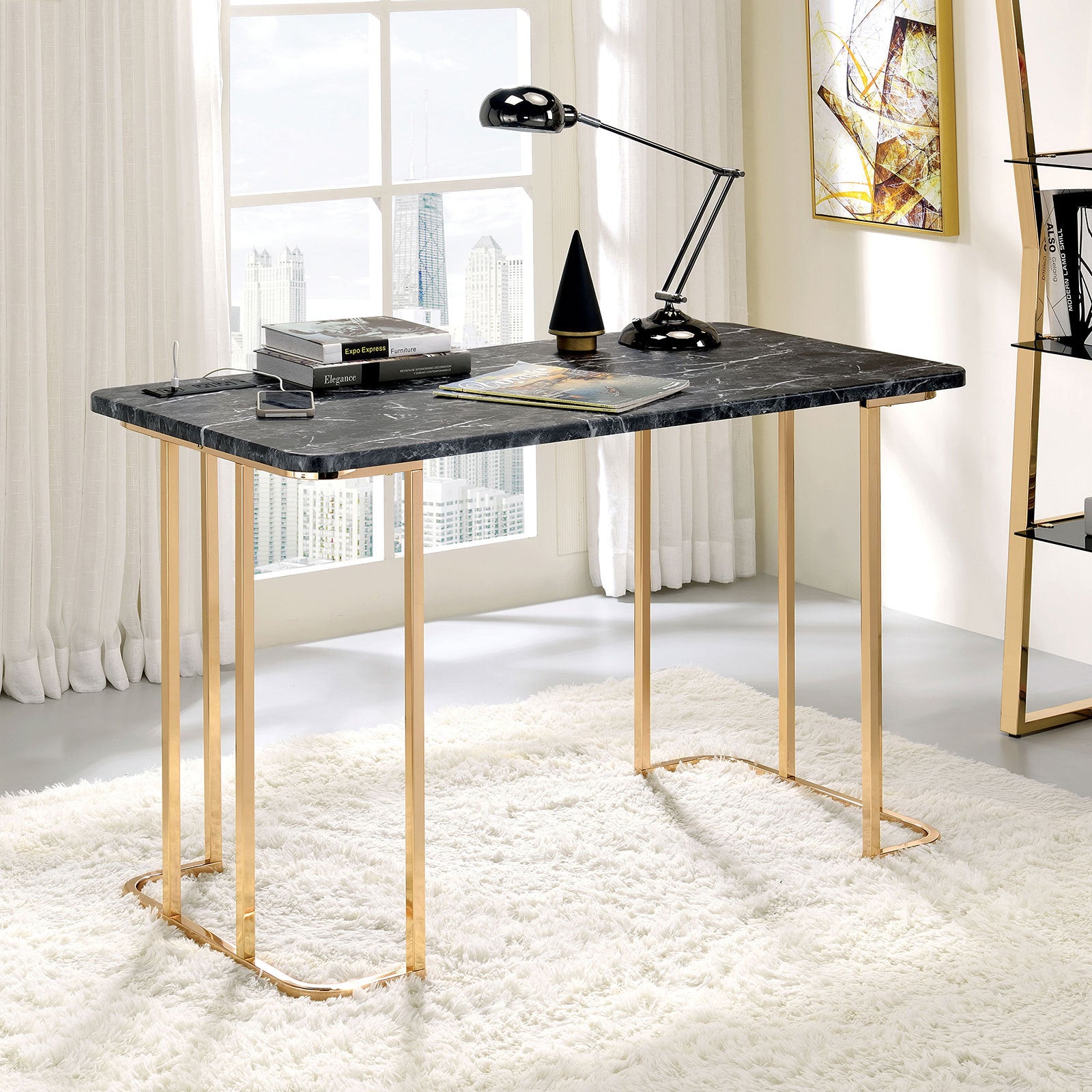 Contemporary Desk With Faux Marble On Top USB & Power Outlet