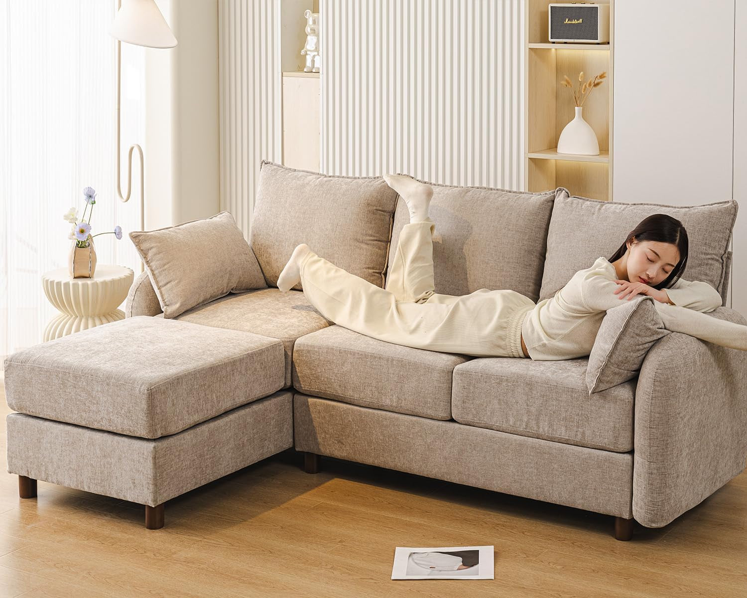 Eighty SixInch Length L Shaped Elegant Sectional Sofa Khaki-0