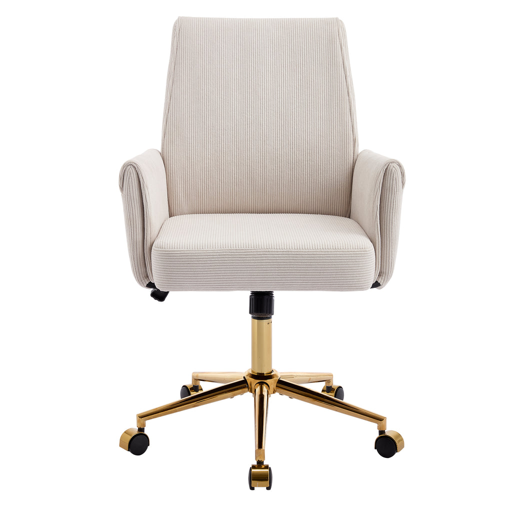 Ergonomic Mid-Back Office Chair with Striped Fabric, White Corduroy, Adjustable Lumbar Support and Gold Base, 25.2 x 24.0 x 39.0 inches