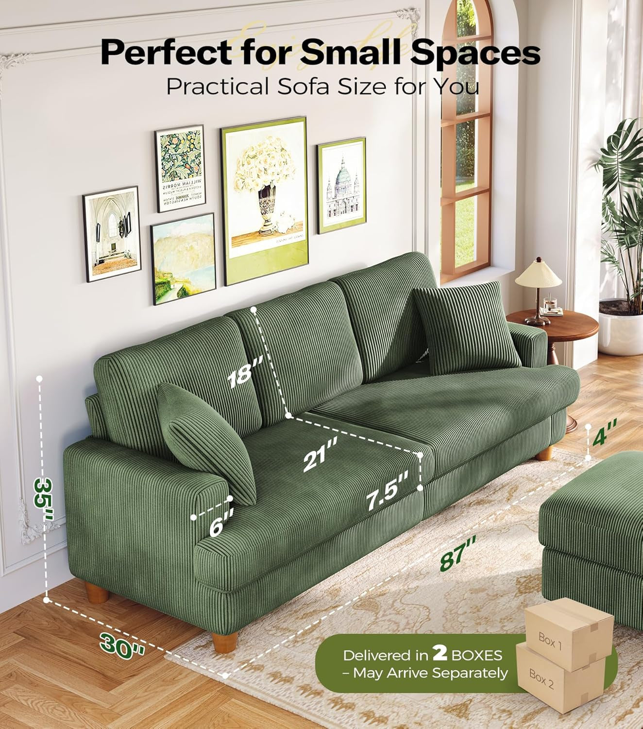 Corduroy Sofa Eighty SevenInch Deep Seat Green Living Room Comfort-1