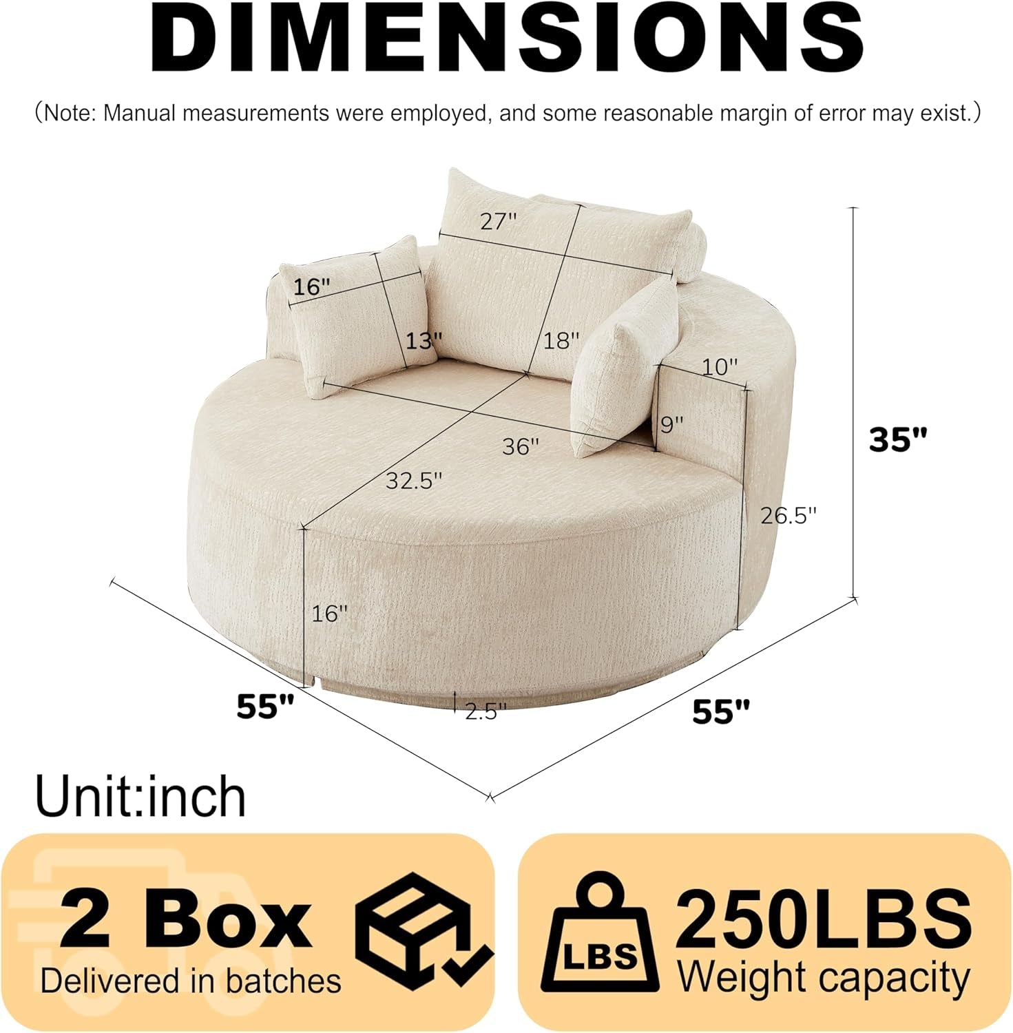 55 Inch Beige Chenille Accent Armchair Upholstered