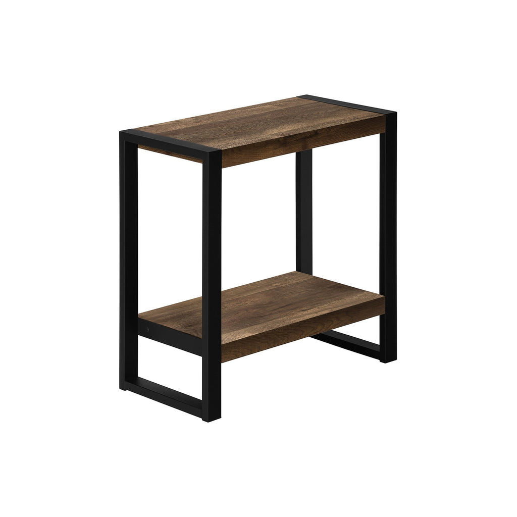 Industrial Accent Table with Brown Laminate Top and Black Metal Legs, 2-Tier Side Table for Living Room or Bedroom