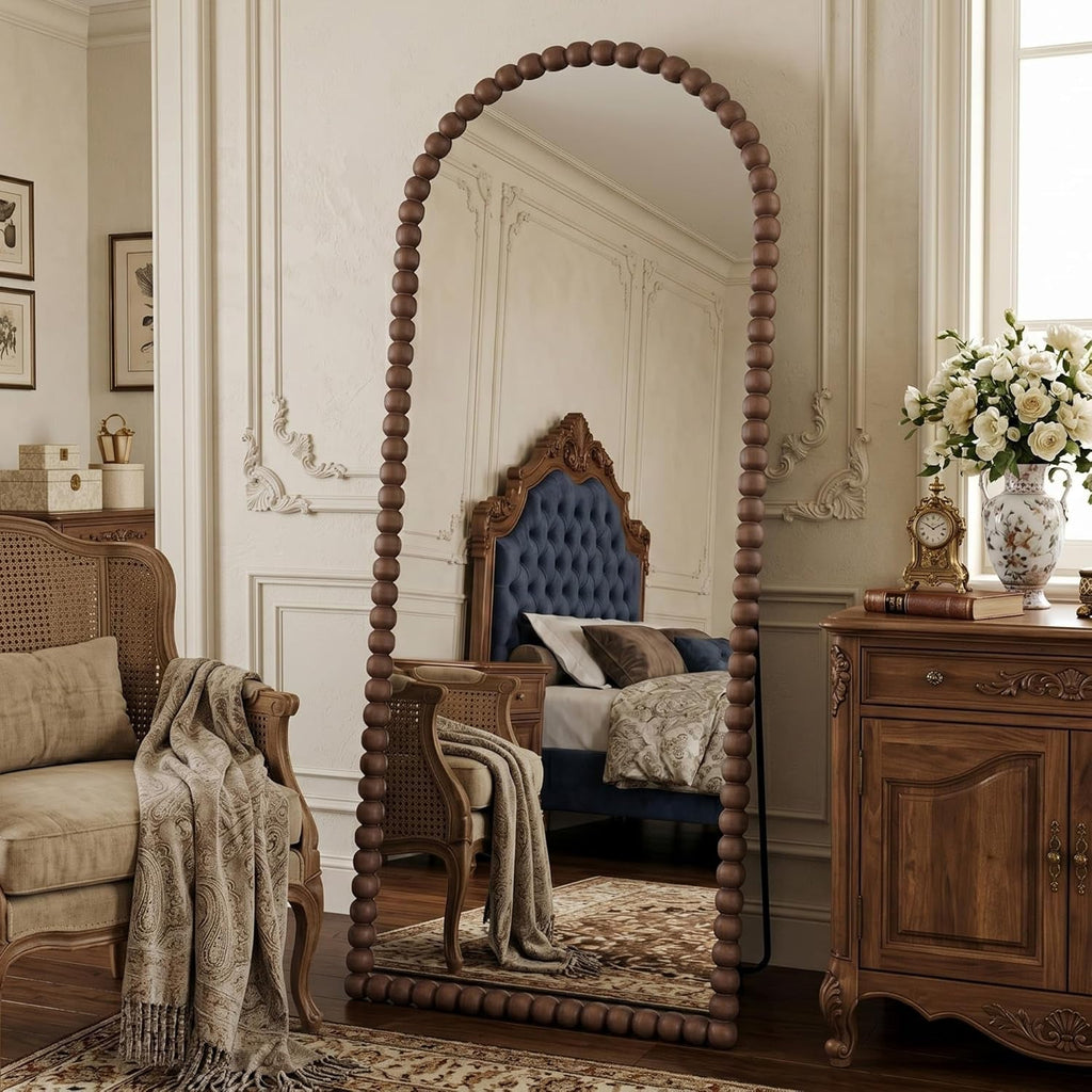 71 Inch Elaborately Arched Floor Mirror Beaded Brown-1