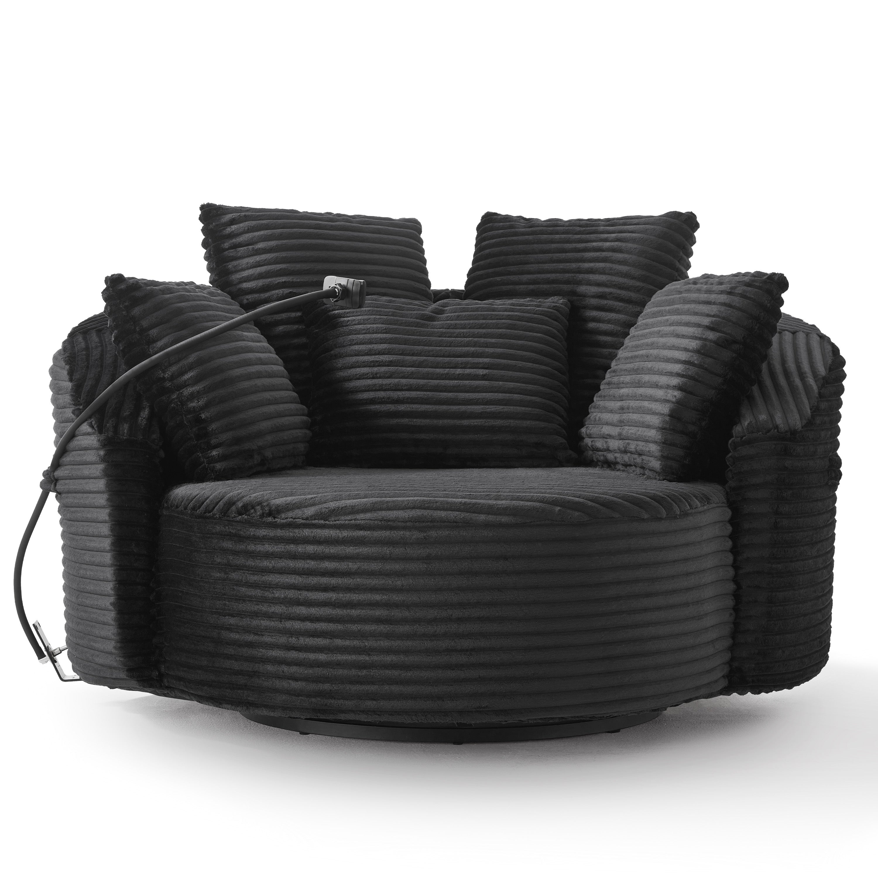 Black Corduroy 360° Swivel Accent Barrel Chair with Adjustable Phone Holder and 5 Pillows for Living Room, Bedroom, Office, Hotel - 55.9' x 55.9' x 26.8'