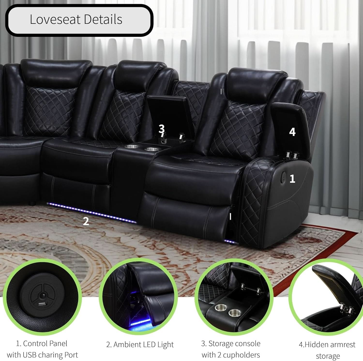 Power Recliner Sectional Sofa Black With LED Lights-3