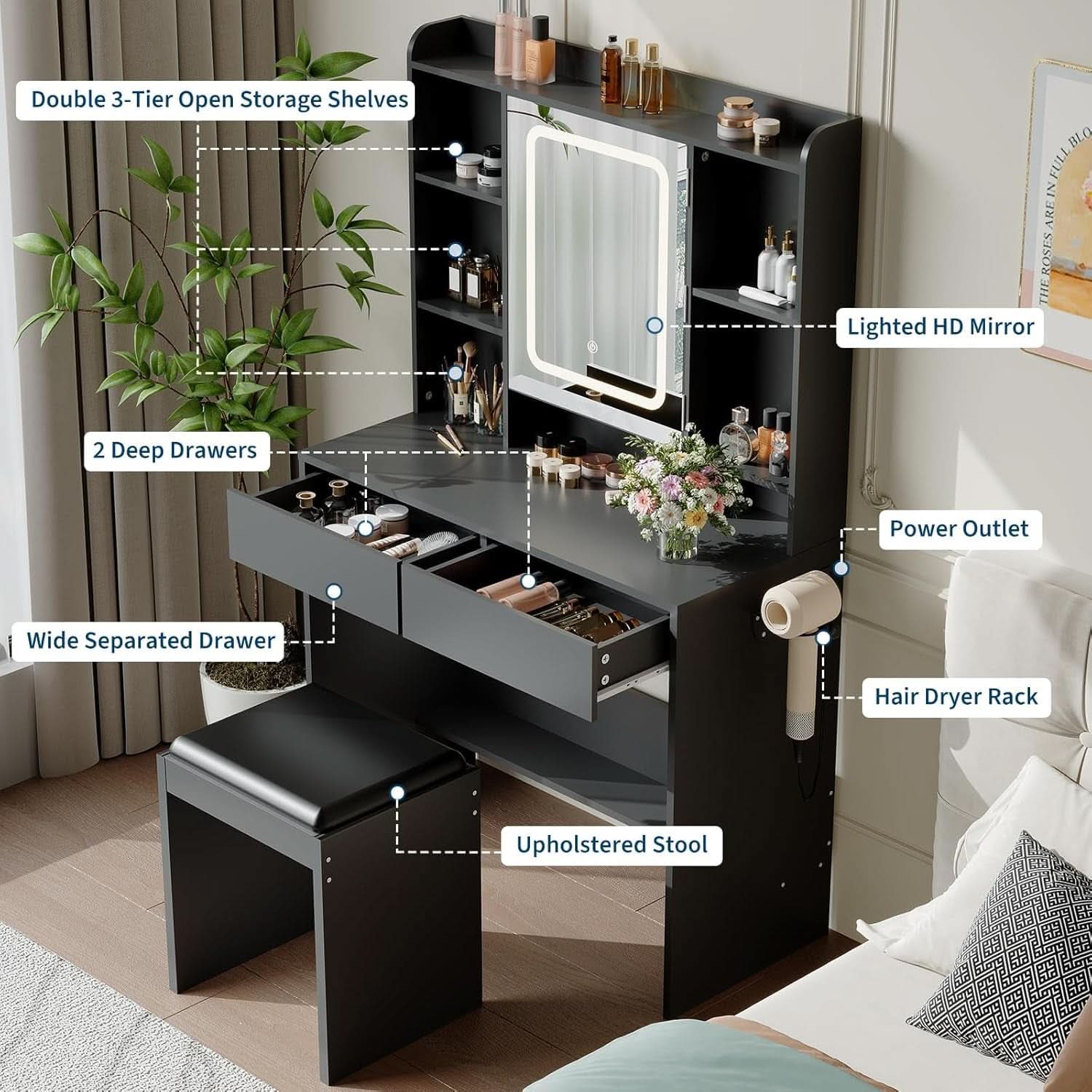 Vanity Desk With 90cm Mirror Three Color LED Lights USB Charging Ports-2