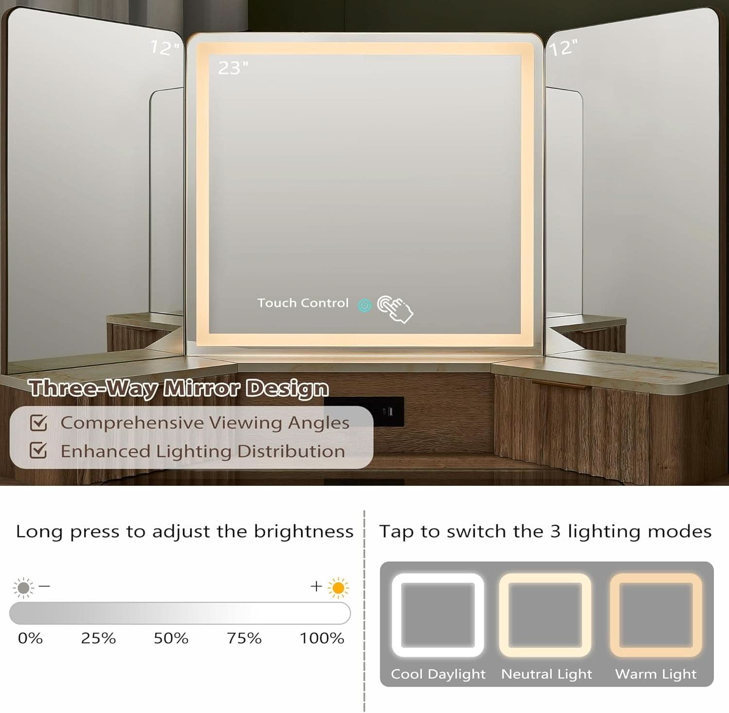 Natural Oak Forty Eight Inch Makeup Vanity Desk Three Way Mirror With Lights-2