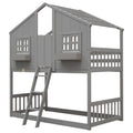 Grey Twin over Twin House Bunk Bed with Roof, Window, Box, and Door - Safety Guardrails and Ladder