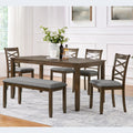 Elegant 6-piece Wooden Dining Table Set with 4 Chairs and a Bench. Modern Dining Table Set for 6 People, Rectangular Dining Table Set for Living Room, Kitchen and Dining Room, Walnut