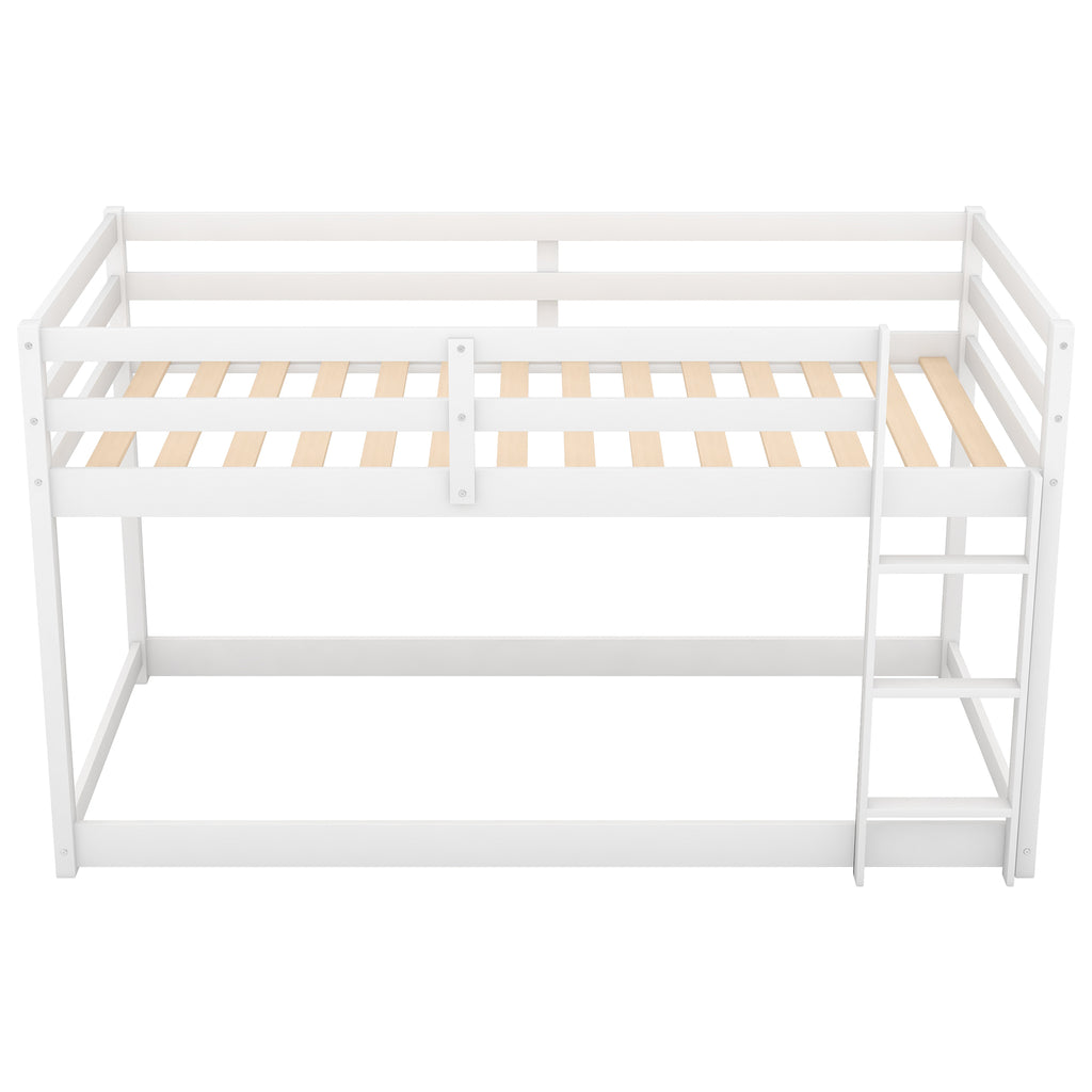 White Twin Over Twin Floor Bunk Bed with Ladder, Solid Pine Wood, 79.1''L x 42''W x 46.5''H