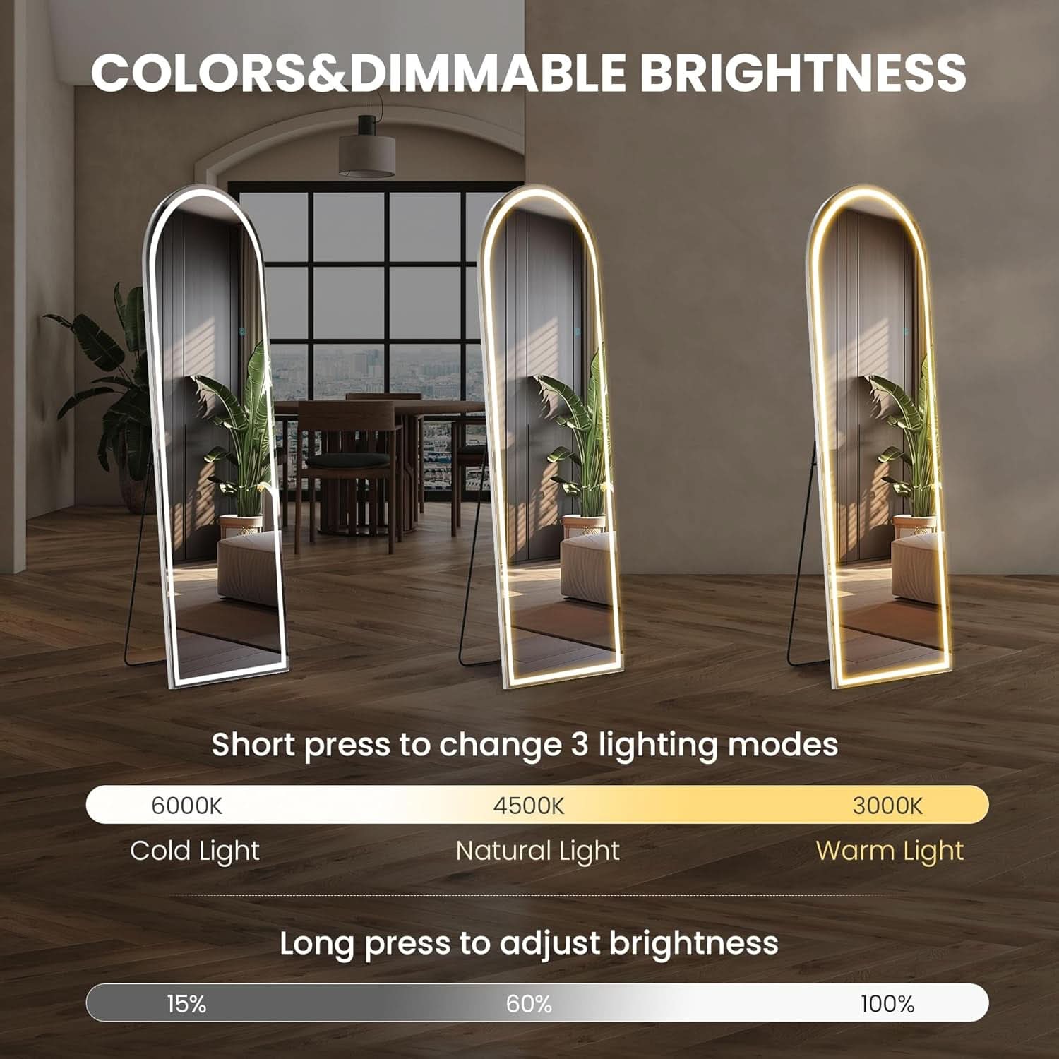 Arched Full Length LED Mirror 61x17 Inch Dimmable 3 Color Floor Stand-2