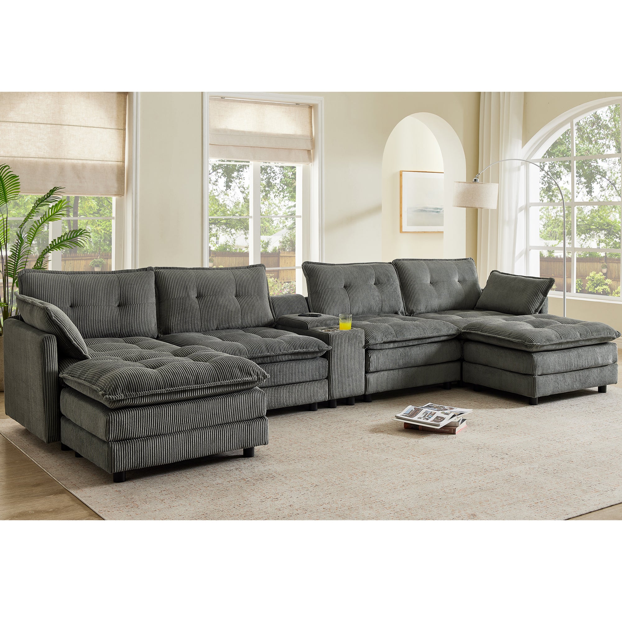 154' Sectional Cloud Sofa Couch with Ottomans, Modular U Shaped Couches for Living Room, Comfy Corduroy Oversized Sectional Modern 6 Seat Deep Seat Sofa Set with Central Console USB Port, Grey