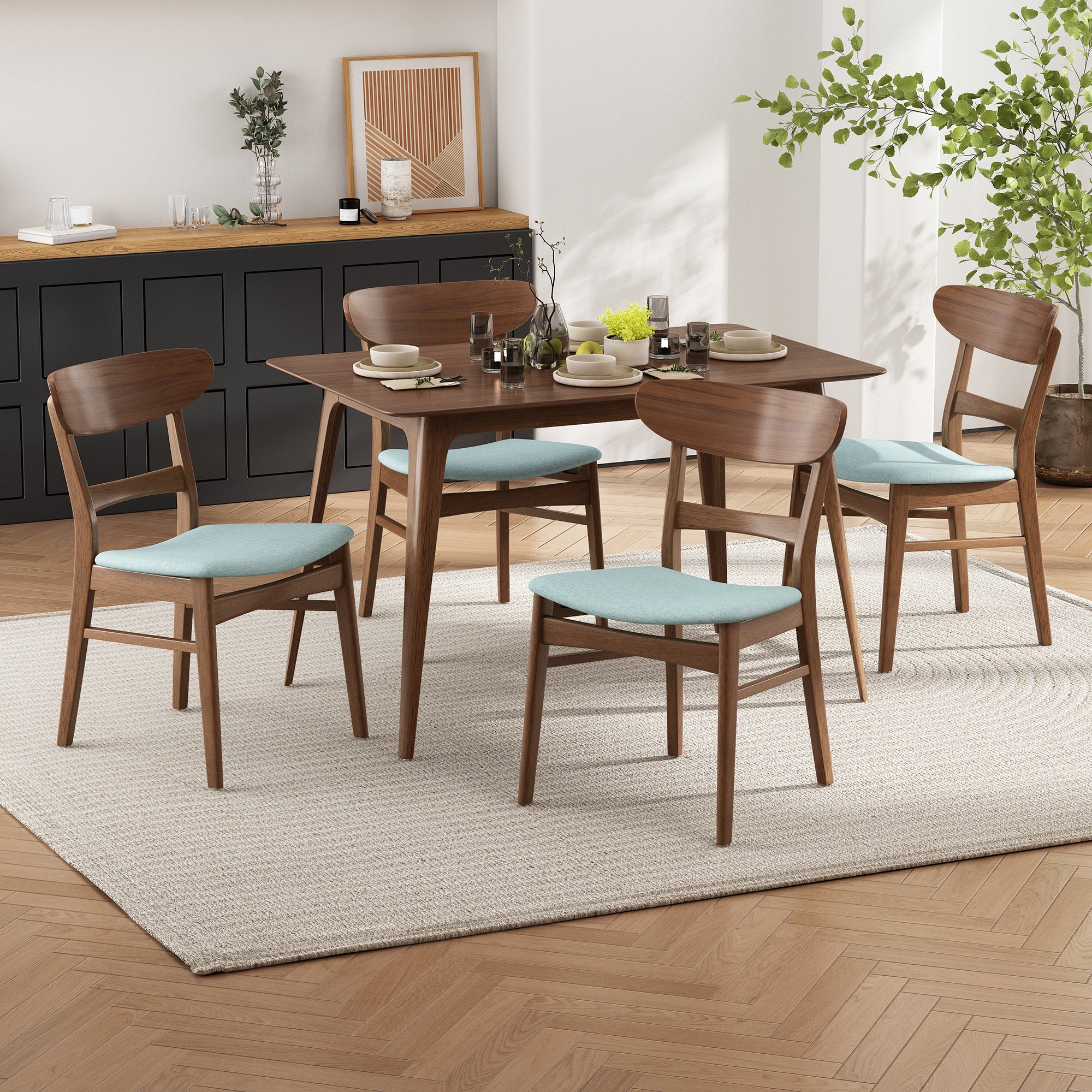 [Video] Mid-Century Modern 5-Piece Dining Set, Rubberwood Frame, One Table and 4 Upholstered Chairs, Walnut + Mint (same sku: N759S001011M)