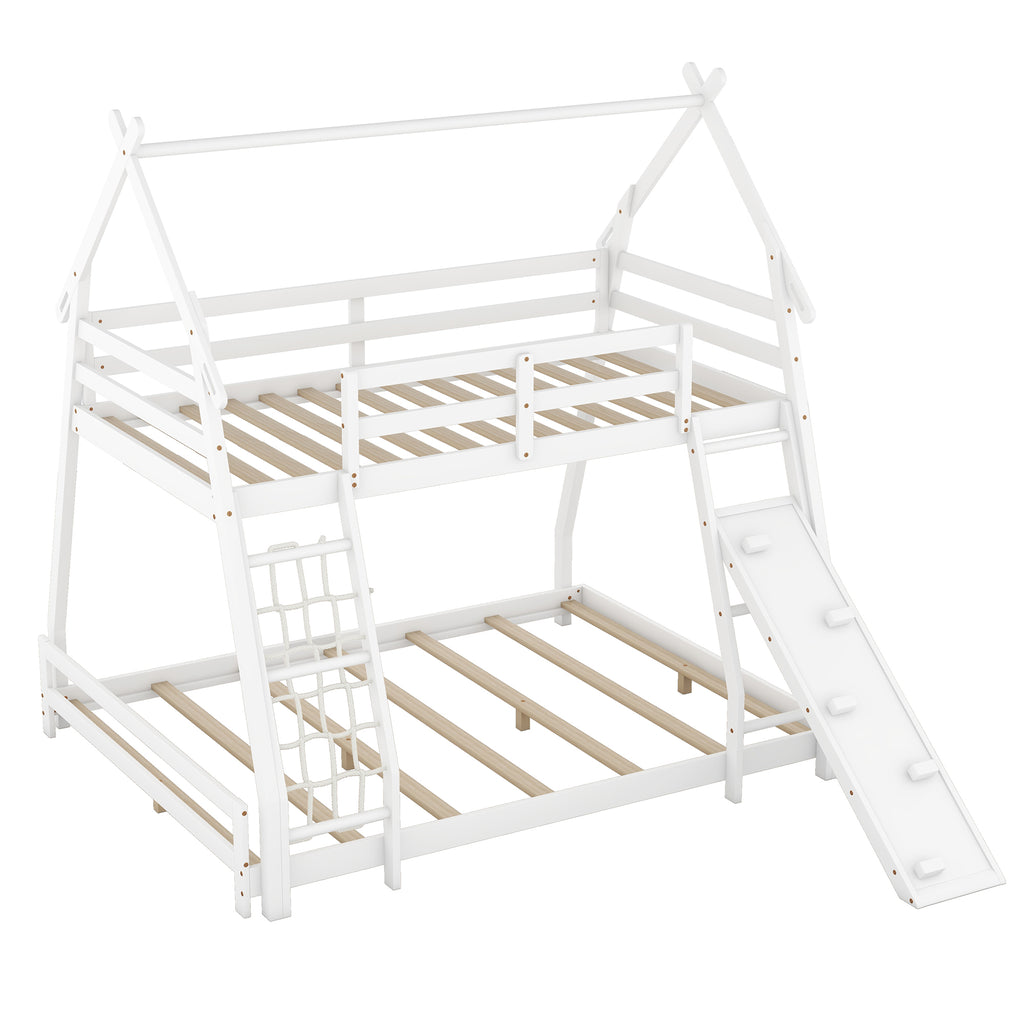 Georgiana Twin over Queen House Bunk Bed with Climbing Nets and Climbing Ramp, White