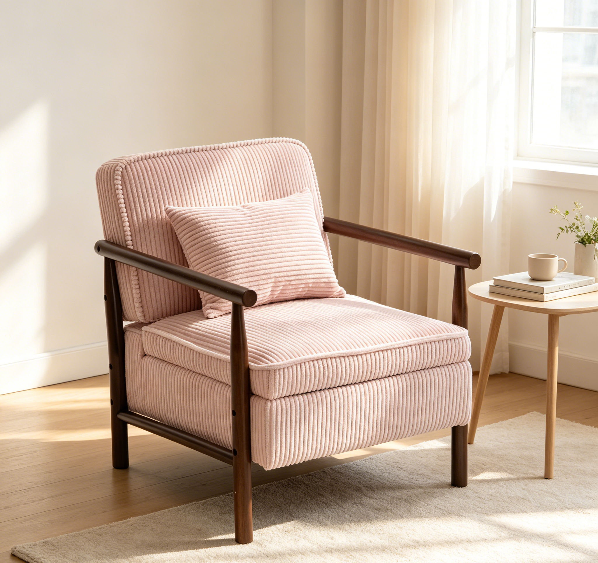 Light Pink Mid Century Modern Accent Chair with Wood Frame
