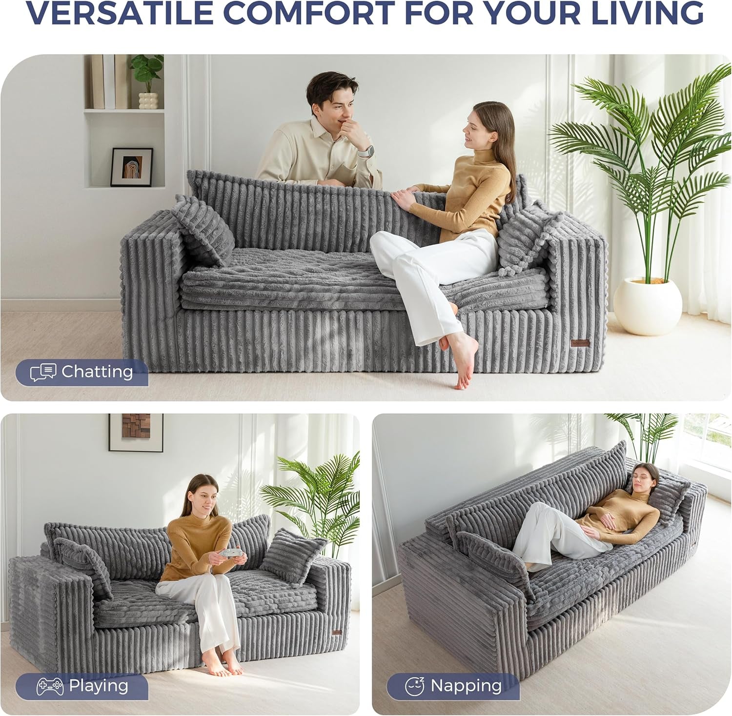 76-Inch Upholstered Premium Bean Bag Sofa DarkGrey-4