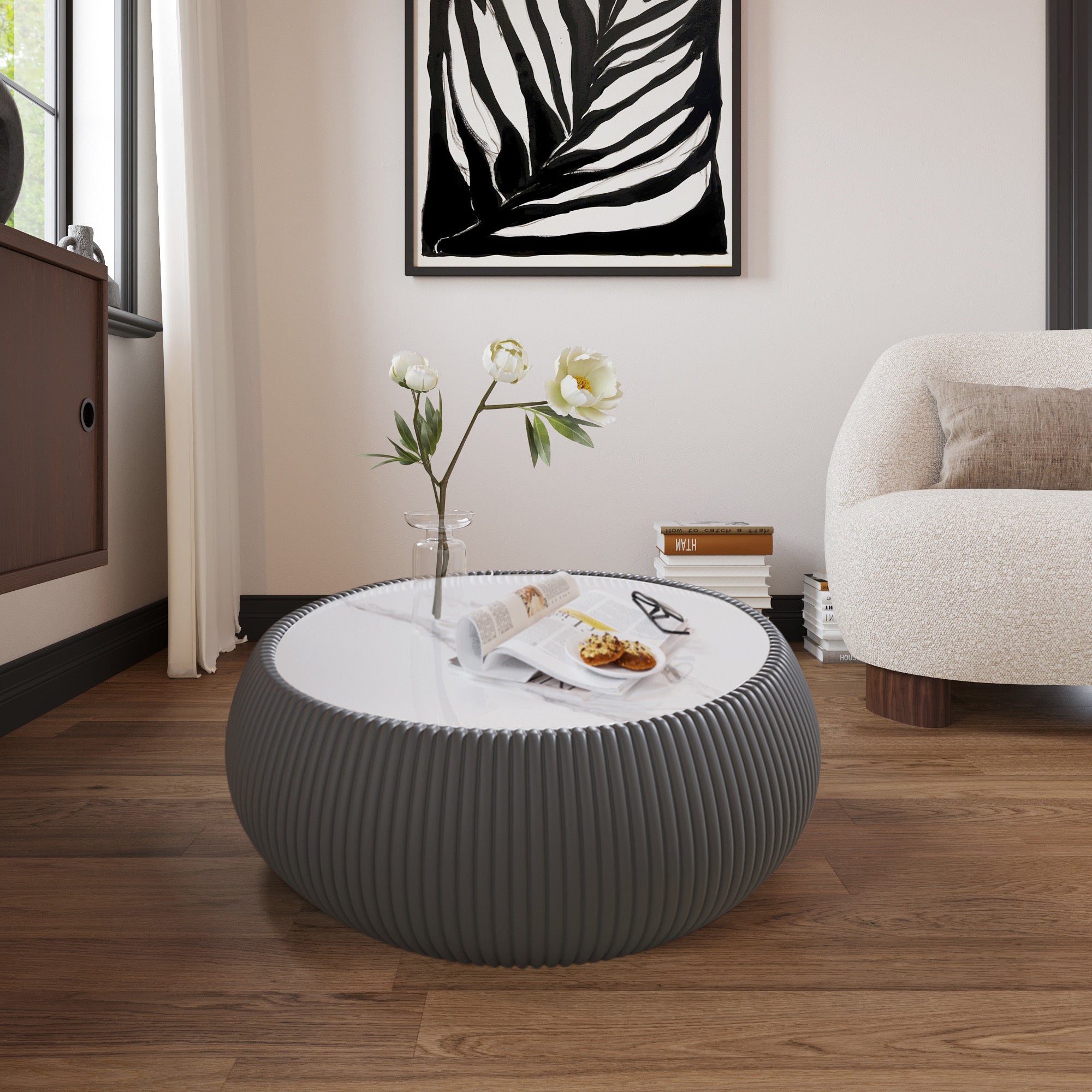 Light Sintered stone Top Drum Shape Leather Coffee modern Sofa Table for Living Room furniture ( Each tabletop has a unique grey pattern)