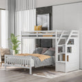White Twin over Full Loft Bed with Staircase and Storage, Pine Wood + MDF, 97.2''L x 78.4''W x 61.4''H