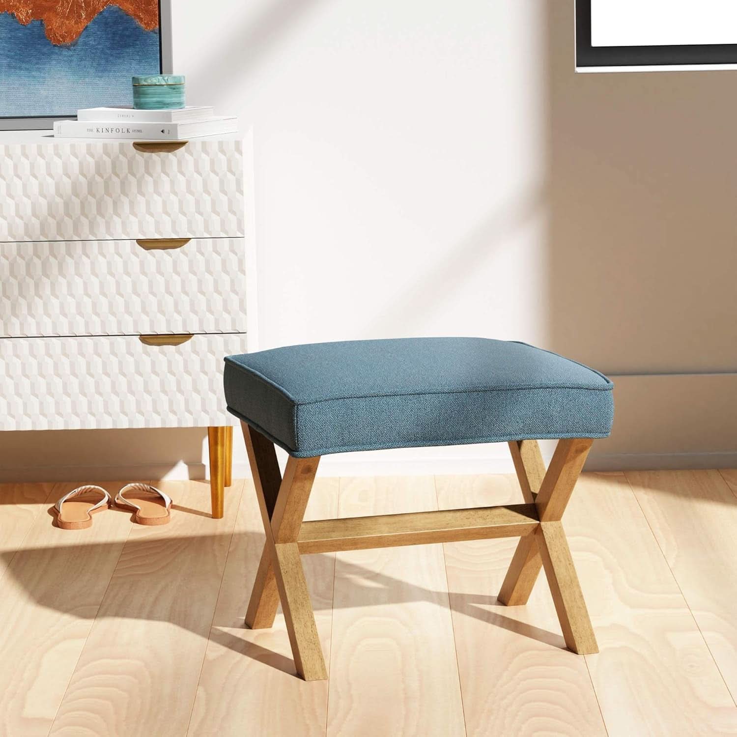 Indigo Blue Upholstered Ottoman Foot Stool 20Wx18Dx18H-1