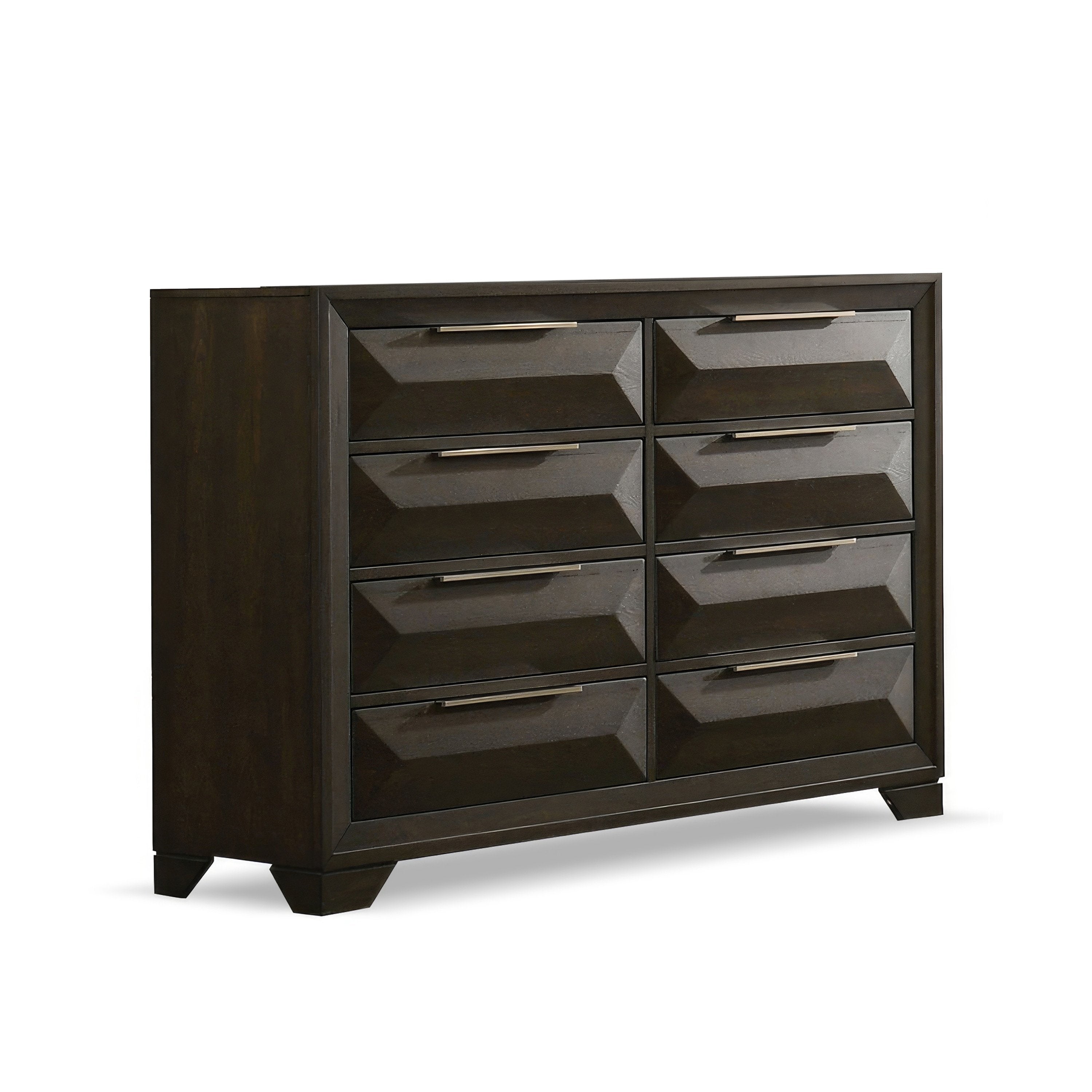 Transitional 8-Drawer Dresser with Beveled Bracket Feet and Metal Handles in Espresso, Solid and Engineered Wood