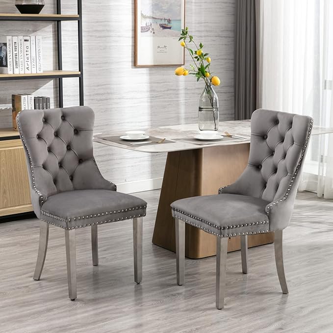 Nikki Collection Modern, High-end Tufted Solid Wood Contemporary Velvet Upholstered Dining Chair with Chrome Stainless Steel Plating Legs,Nailhead Trim,Set of 2,Gray and Chrome, SW1701GY