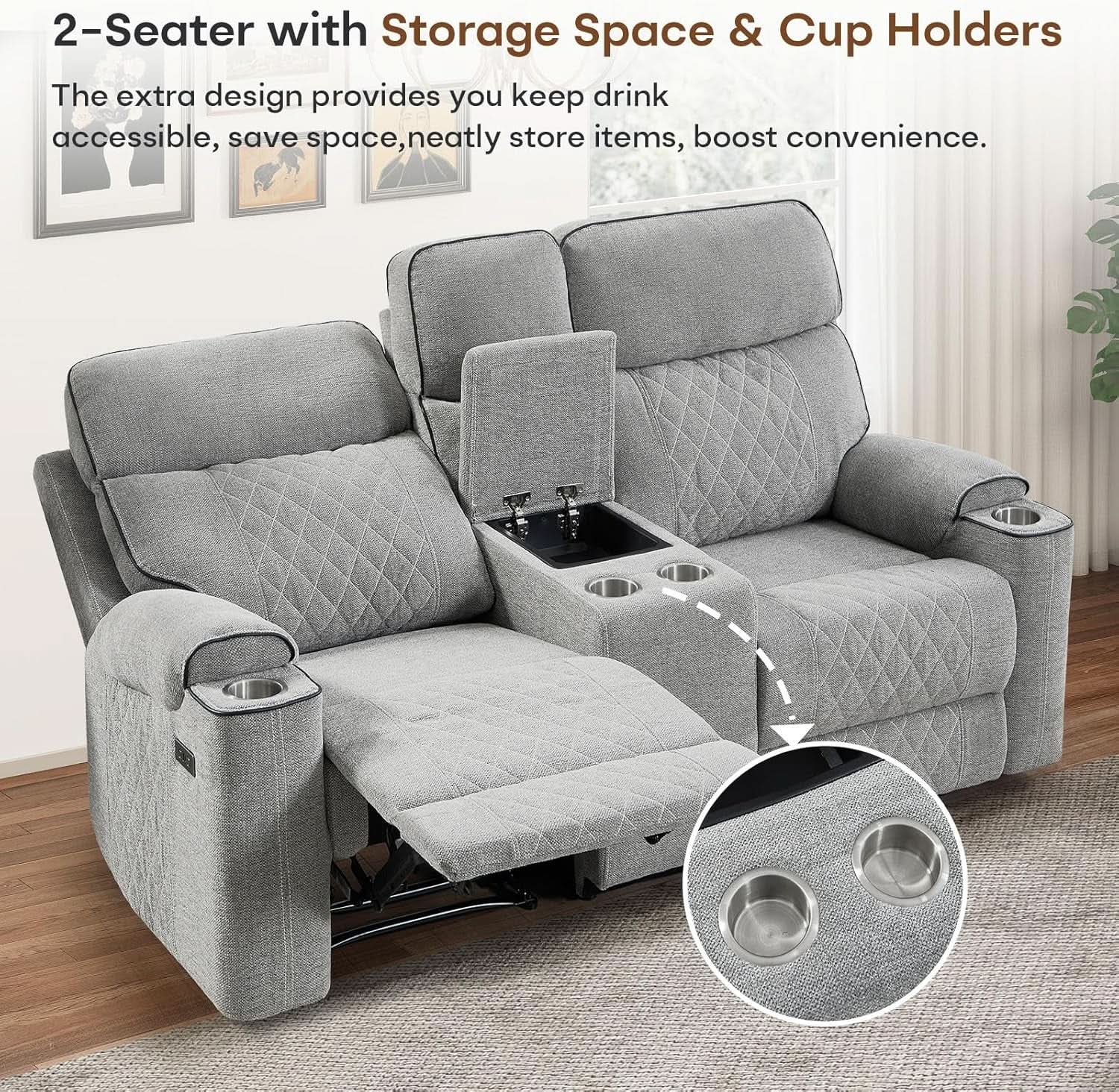 Electric Recliner Sofa USB Type C Ports Light Grey-4