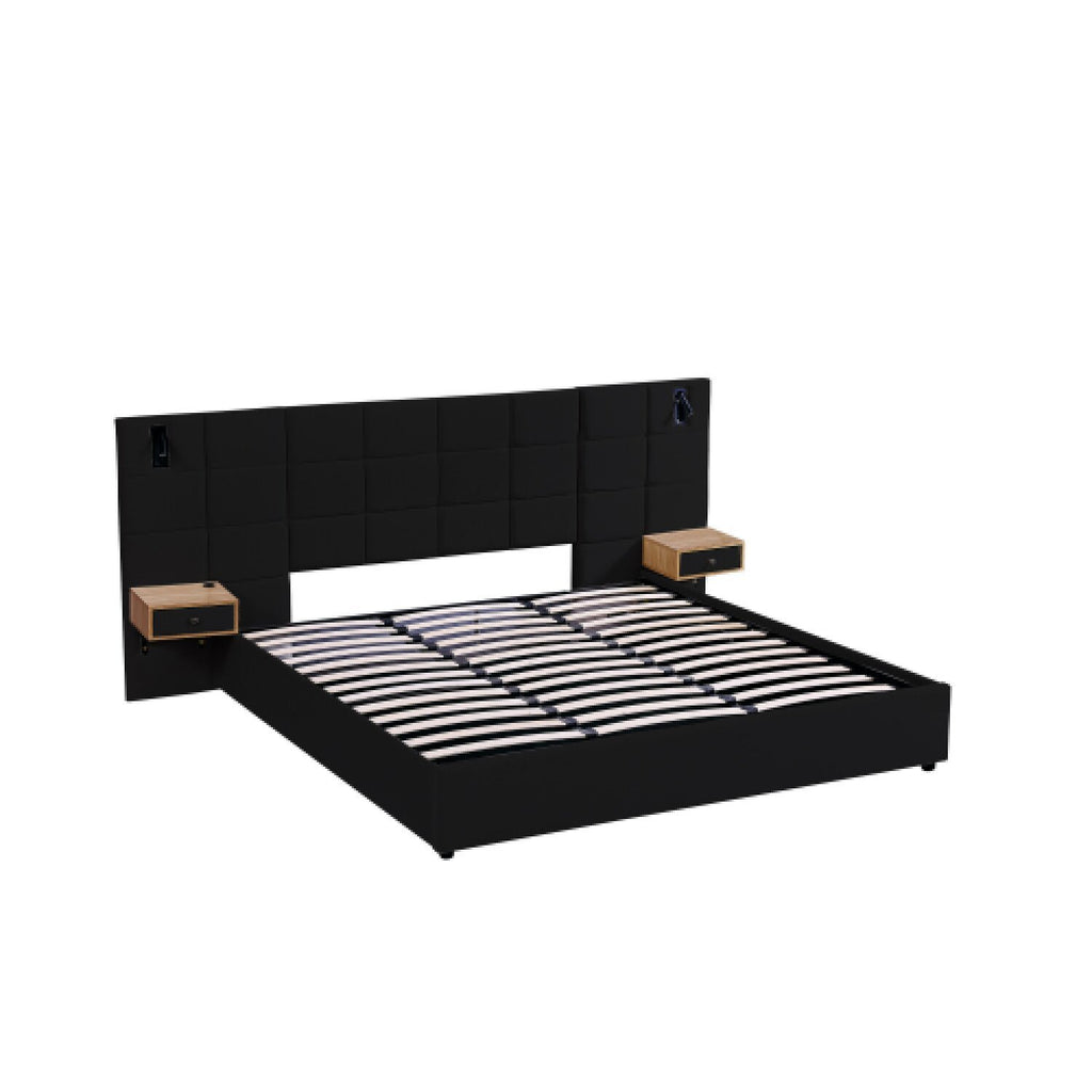 Modern King Size Velvet Upholstered Hydraulic Platform Bed with Storage Shelves, Reading Lamps, USB Port, Black Velvet and Solid Wood Frame