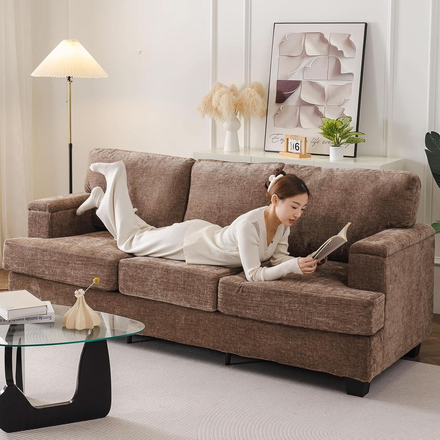 85 Inch L Shaped Couch Armrest Organizer Movable Ottoman-4