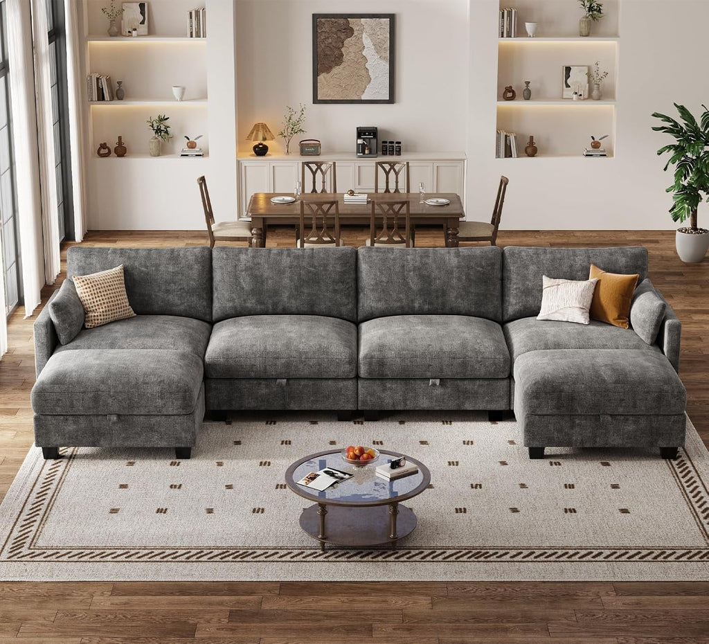 Darkest Gray Chenille U Shaped Sectional Sofa Ottoman-2