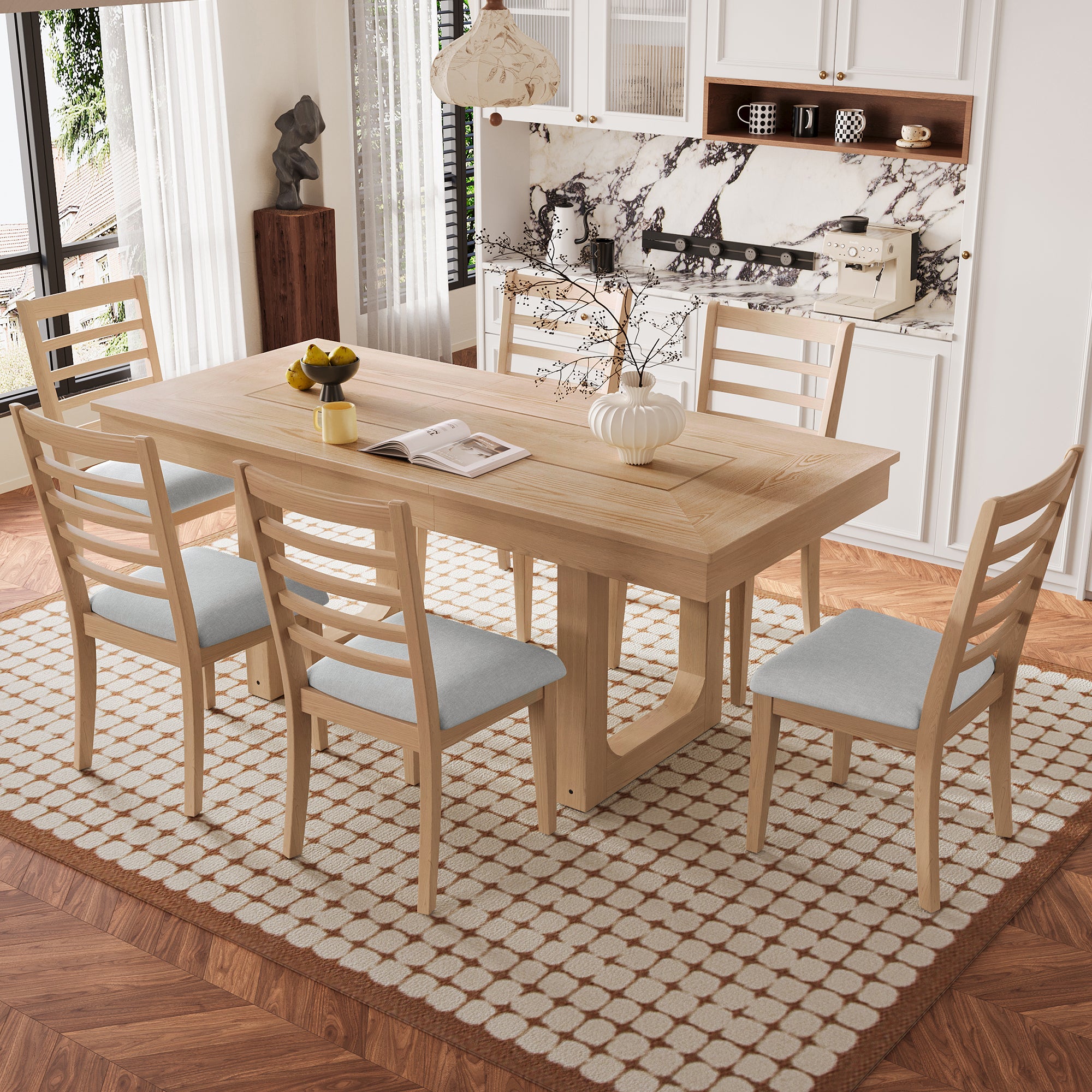 7 Piece Extendable Dining Table Set, Farmhouse Extendable Table with 18' Move Leaf, 78' Rustic Wooden Kitchen Table and 6 piece Upholstered Chairs, Expanding Dining Room Table Set, Natural + Beige