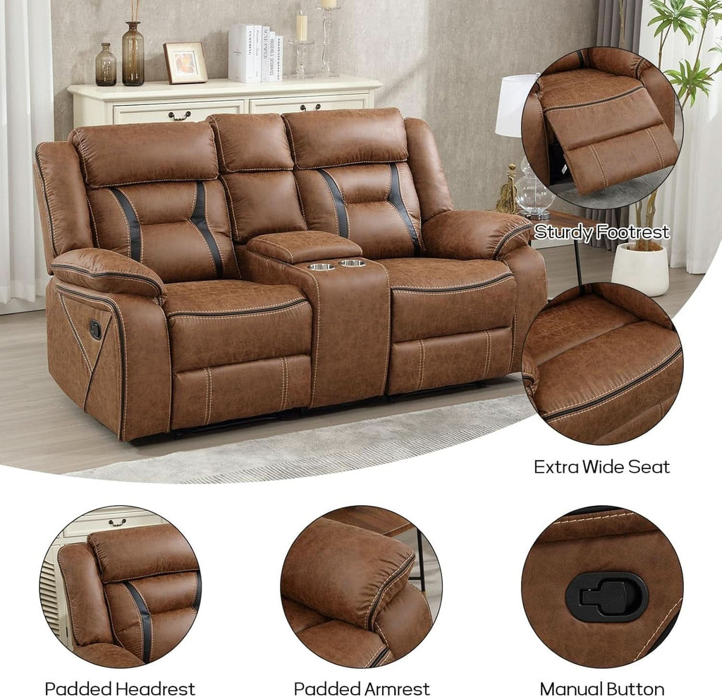 Brown Faux Leather Loveseat Dual Recliners Center Console-2