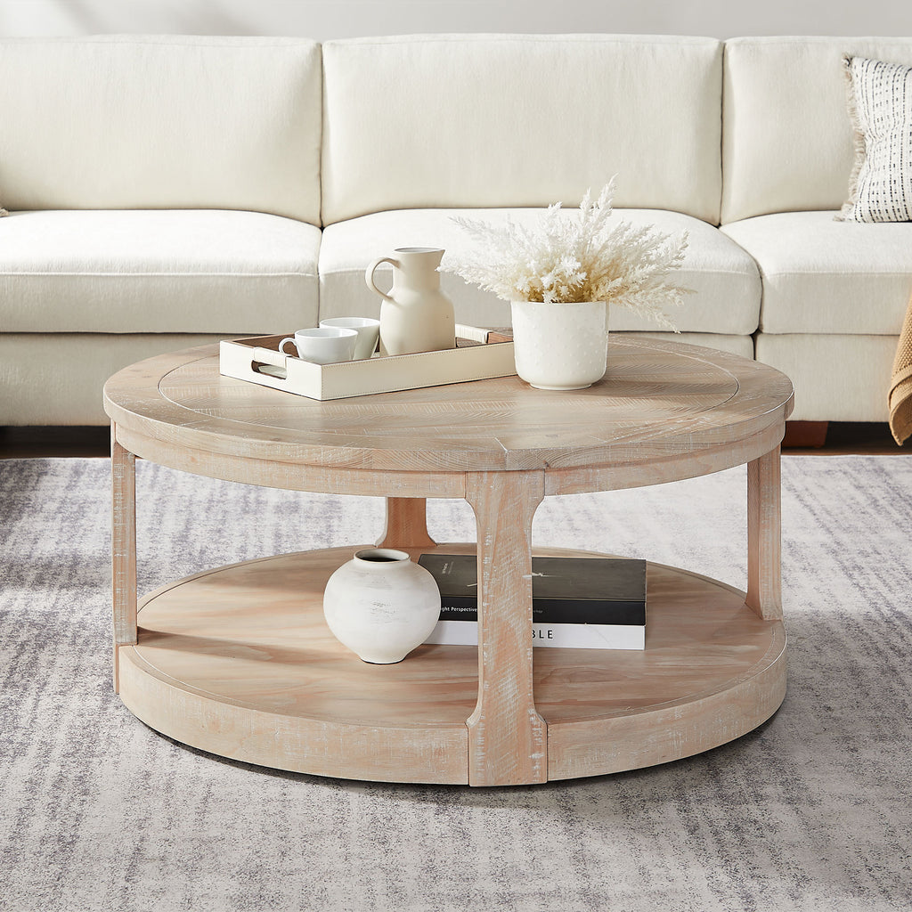 40inch Large Curved 2 Tier Traditional Round Circle Wooden Center Coffee Table,Rounded Table with Wheels,Mid Century Rustic Style Table for living Room,Office,Apartment,OAK