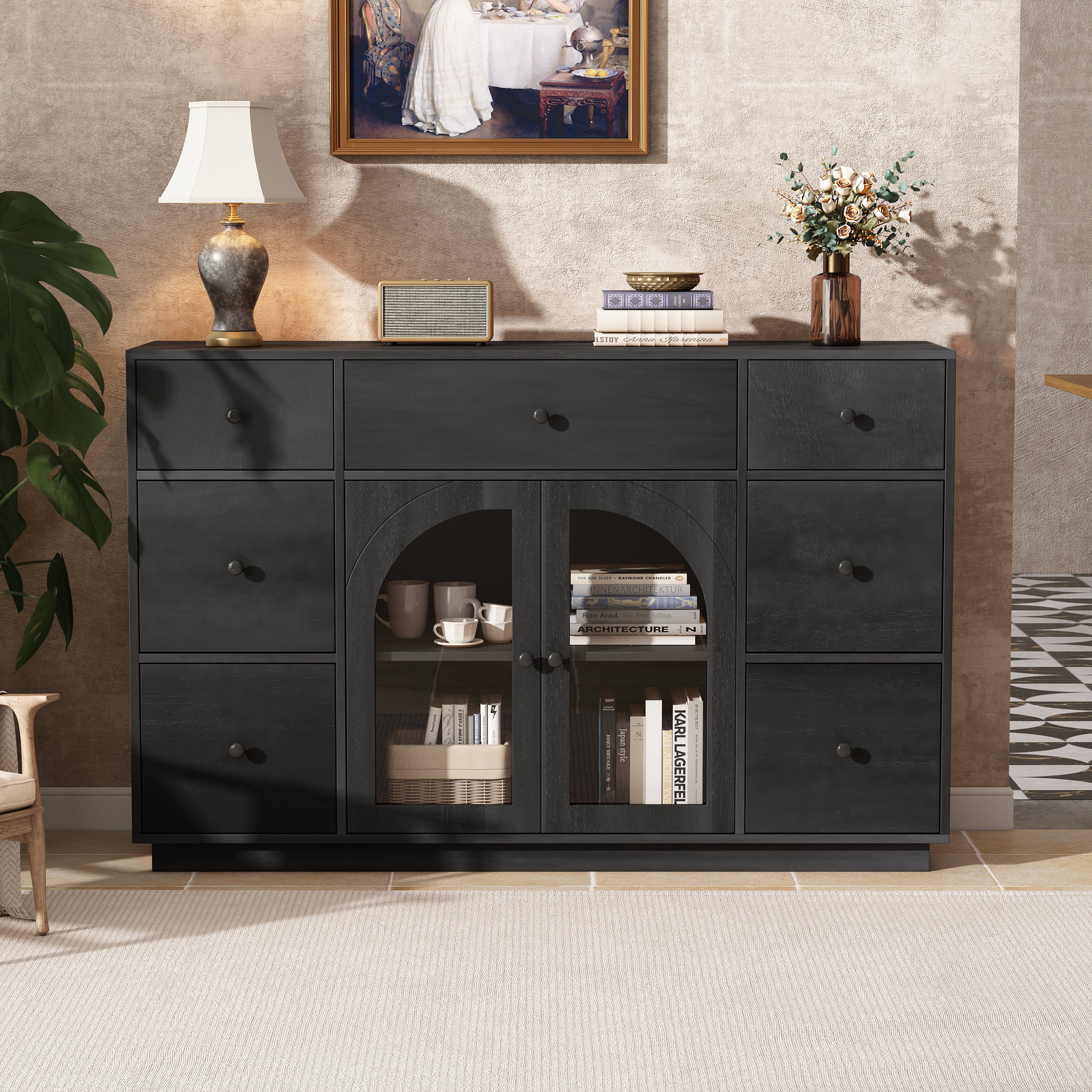 Cabinet with storage for living and dining room entrance, large size, 2 doors and 7 drawers, Black