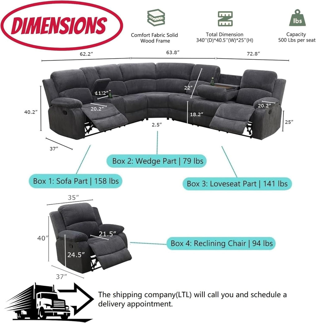 Midnight Grey Corduroy Manual Recliner Sectional Sofa-1