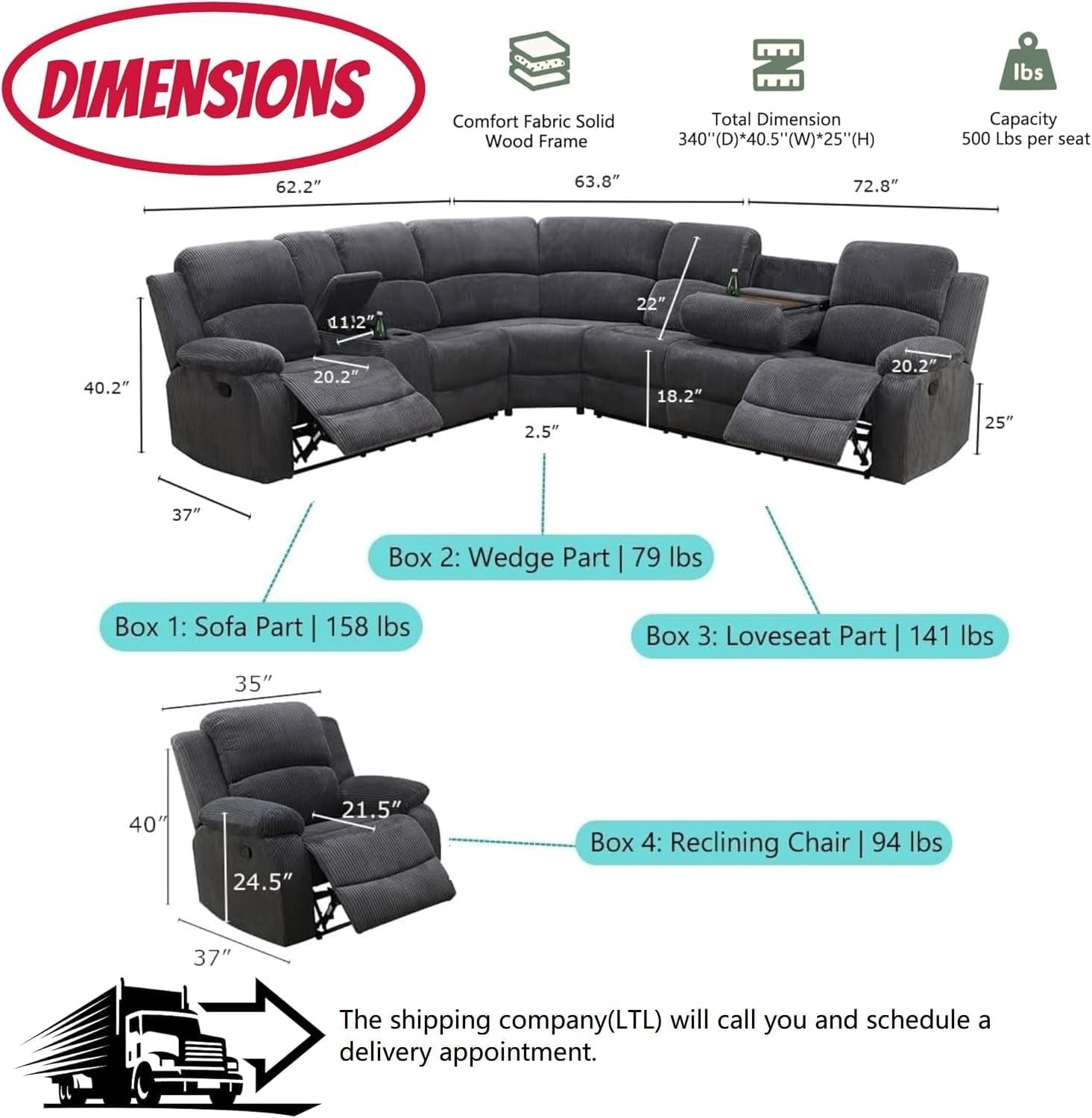 Midnight Grey Corduroy Manual Recliner Sectional Sofa-1