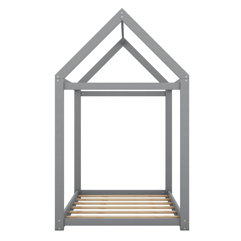 Twin Size Wooden House Bed in Gray with Pine and MDF Construction, 78.3''L x 40''W x 70.3''H