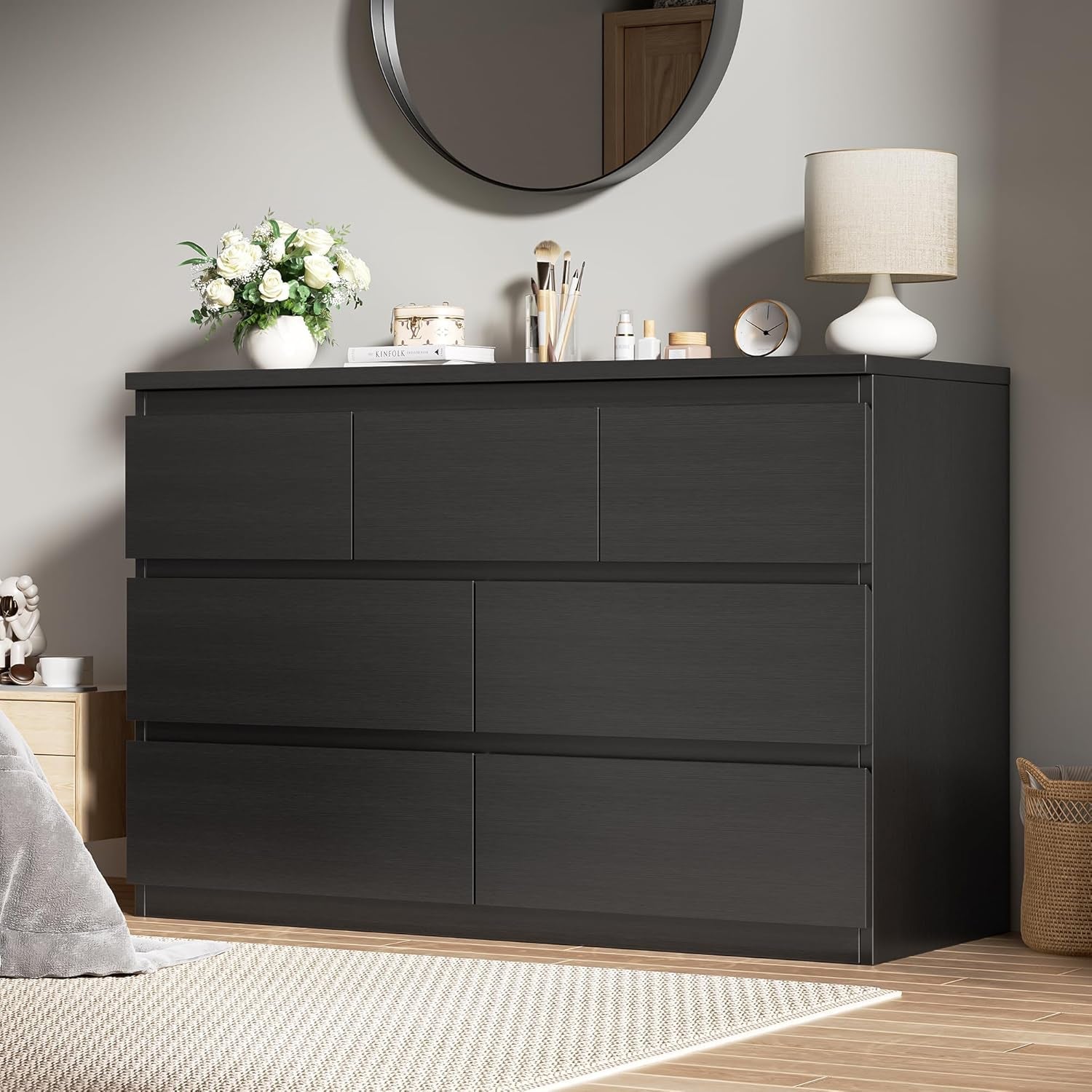 Black Seven Drawer Contemporary Wooden Dresser Bedroom