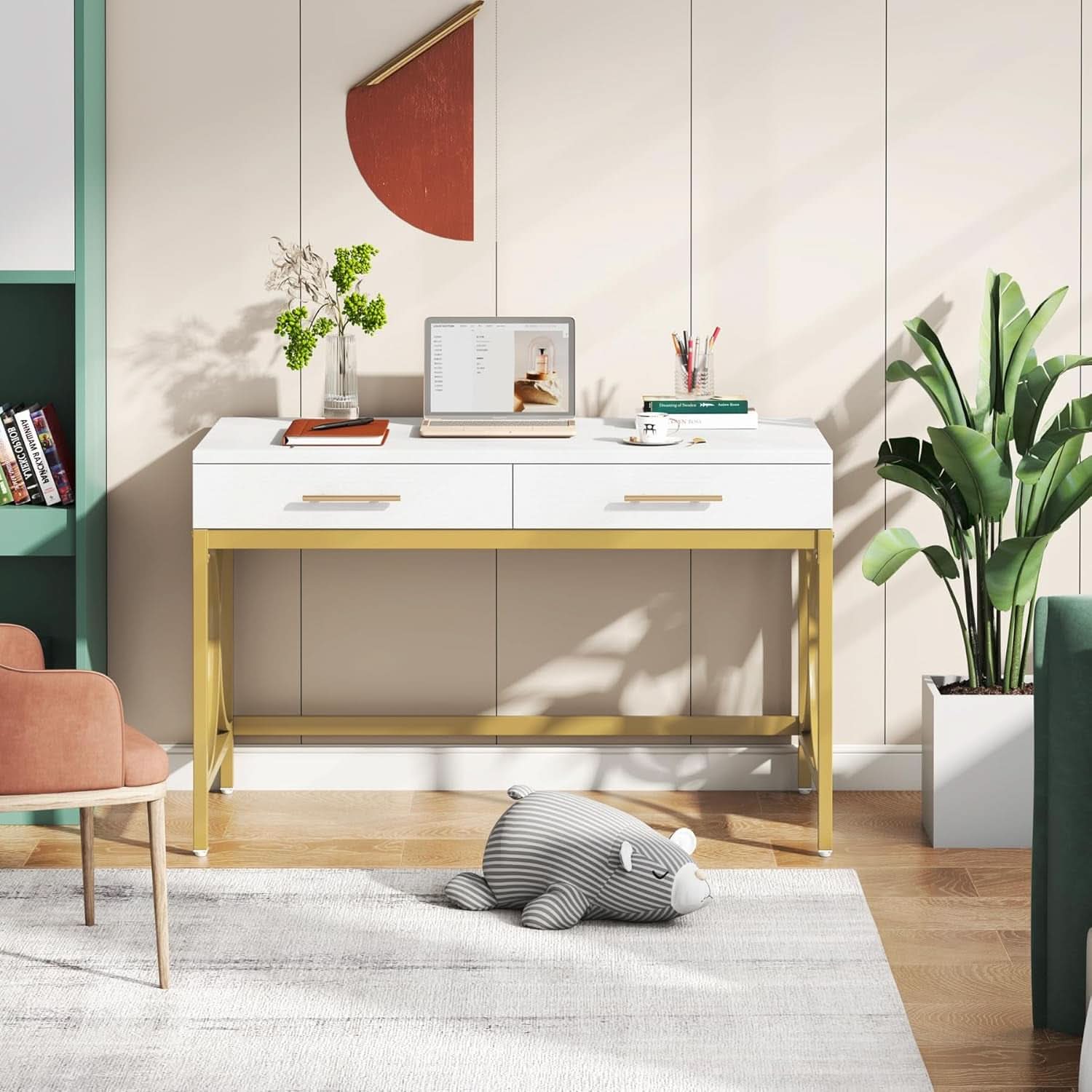 41 Inch White And Gold Computer Desk With 2 Drawers-4