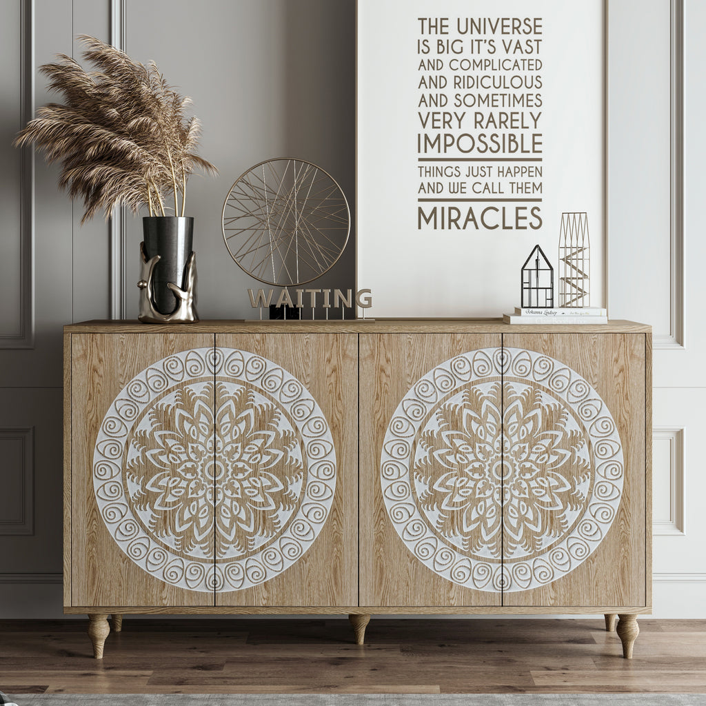 Light Oak Vintage Mandala Carved Oak Grain Accent Cabinet
